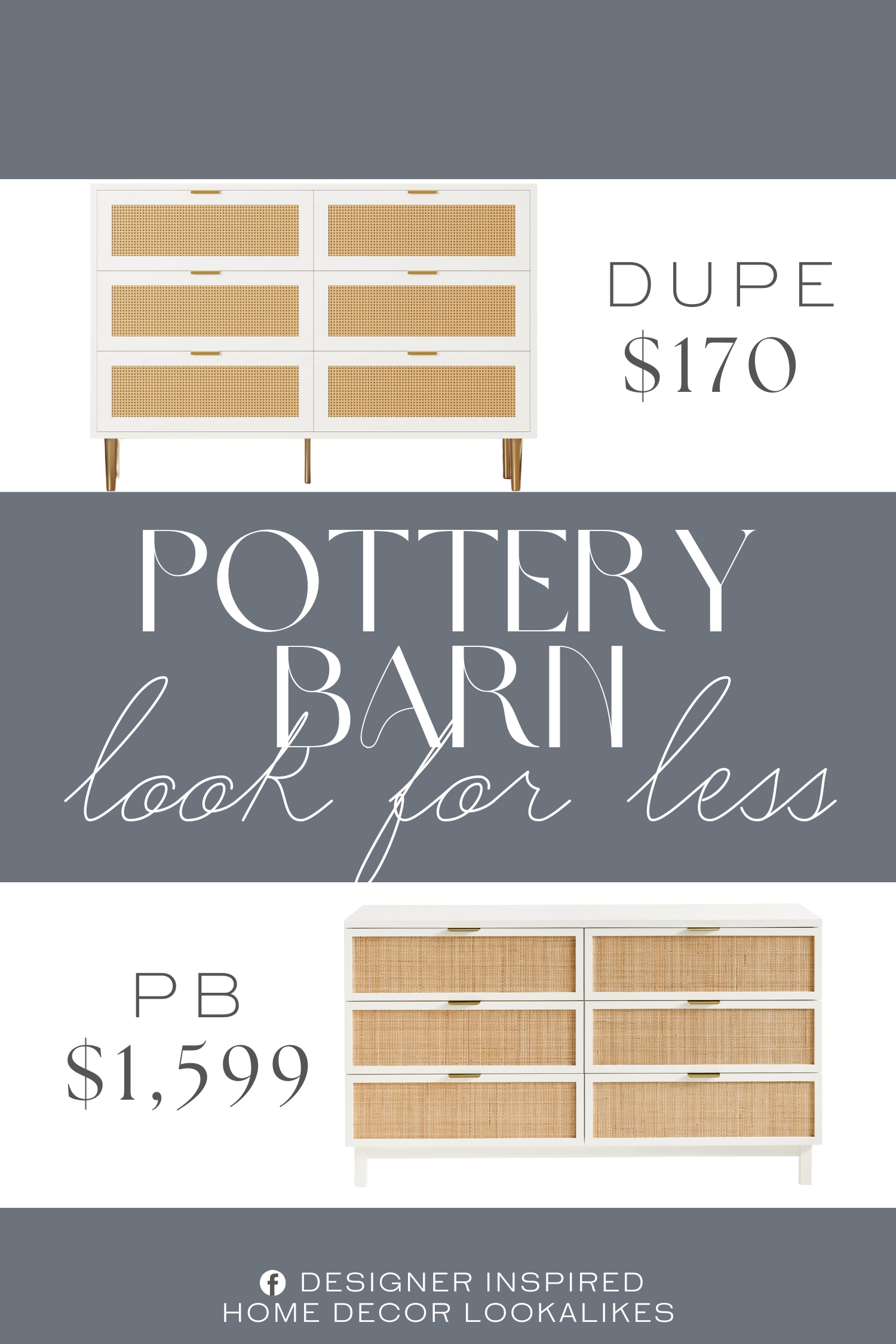 Pottery Barn Westly Cane 6-Drawer Dresser Dupe. Constructed from thick engineered wood, this wooden chest of drawers resists wear and deformation. Sturdy metal legs ensure stability, while metal hinges enhance drawer durability for long-lasting use