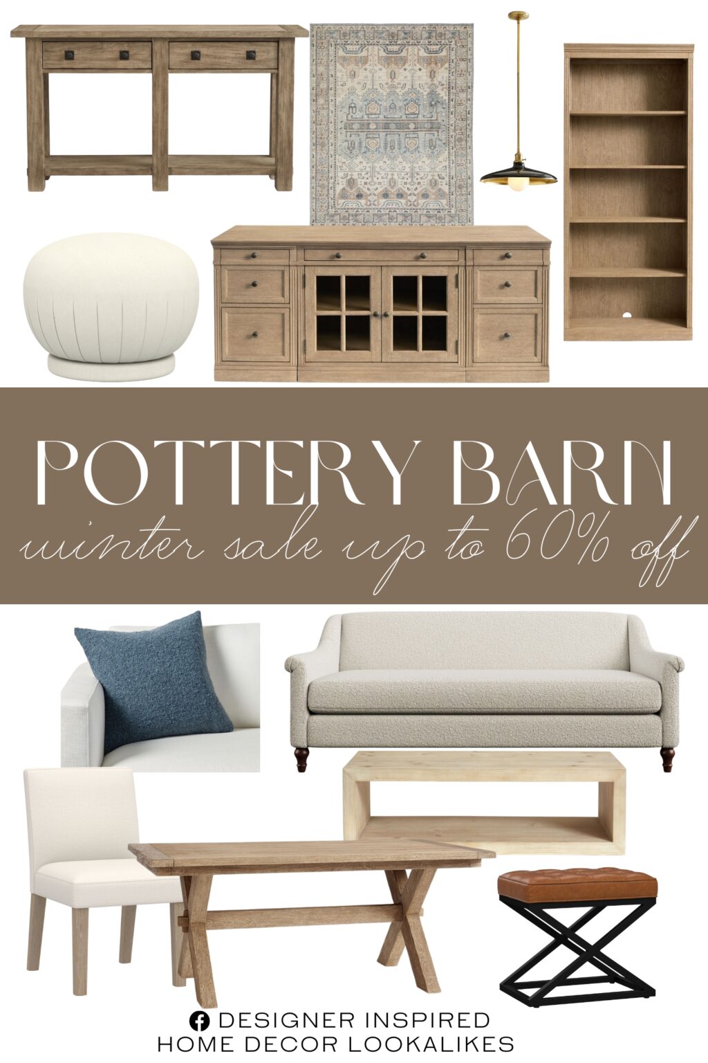 Pottery Barn Winter Sale. Farmhouse Metal Pole Pendant. Nicolette Hand-Knotted Wool Rug. Toscana Extendable Dining Table. Boucle Pillow. Josie Sofa. Classic Upholstered Dining Chair. Folsom Rectangular Coffee Table. Montgomery Swivel Stool. Livingston Media Console. Livingston Bookcase. Benchwright Console Table. Kirkham Tufted Leather Stool.