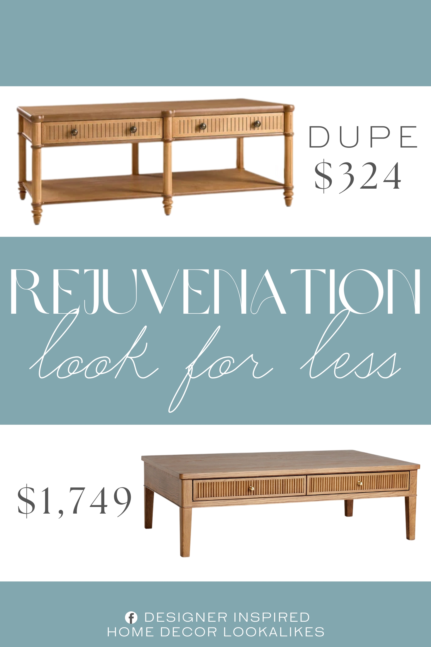 Rejuvenation Islington Coffee Table Dupe. Built with durable solid wood drawers for long-lasting use and a premium touch. Showcases fluted drawer fronts and spindle-style legs for a refined, handcrafted look.