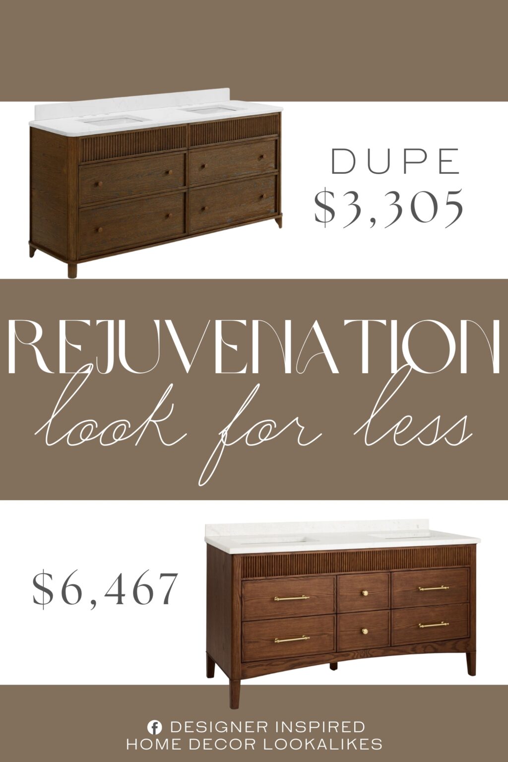 Rejuvenation Islington Double Vanity Dupe. Crafted from solid wood with rich oak veneers and solid oak trim, this vanity delivers a perfect blend of classic design and modern functionality.