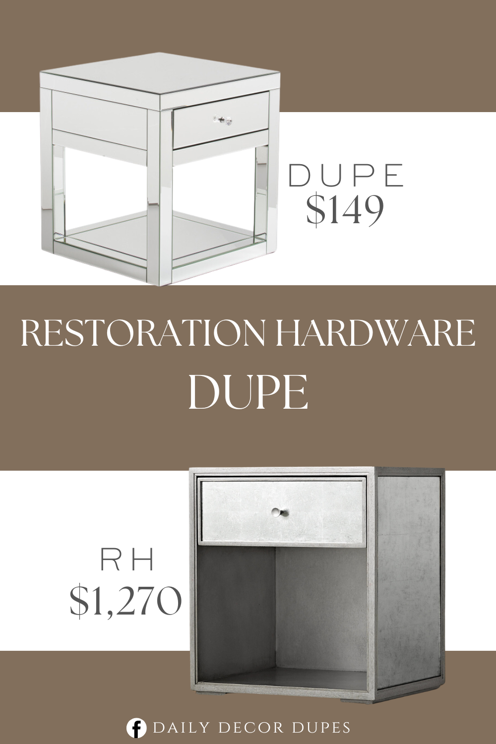 Restoration Hardware Delaney Mirrored Nightstand Dupe. Product design mirrored exterior, 1 drawer. Overall Adimension 20in W x 22in H x 20in L.