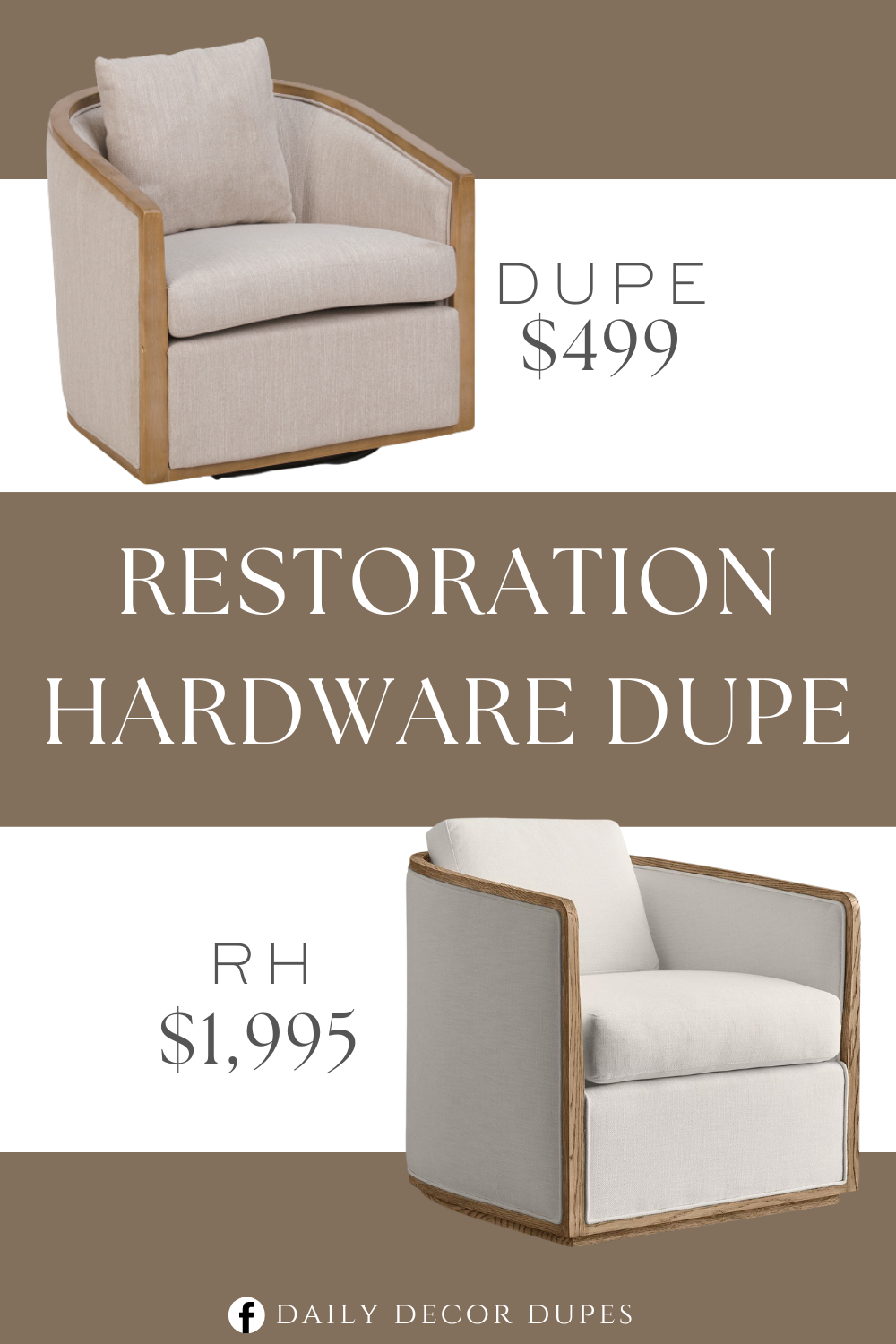 Restoration Hardware Dixon Swivel Chair Dupe. Padded seat and backrest. Decorative cushion included. 360 degree swivel. Filled with polyurethane foam and polyester fibers. Overall dimension: 29in W x 26in H x 28in L.