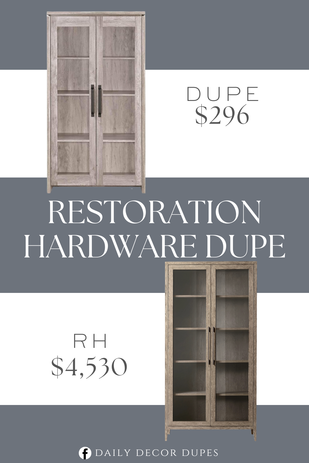 Restoration Hardware French Contemporary Glass Cabinet Dupe. Modern accent cabinet. Grey driftwood finish. Antique black hardware. Glass doors and removable shelves.