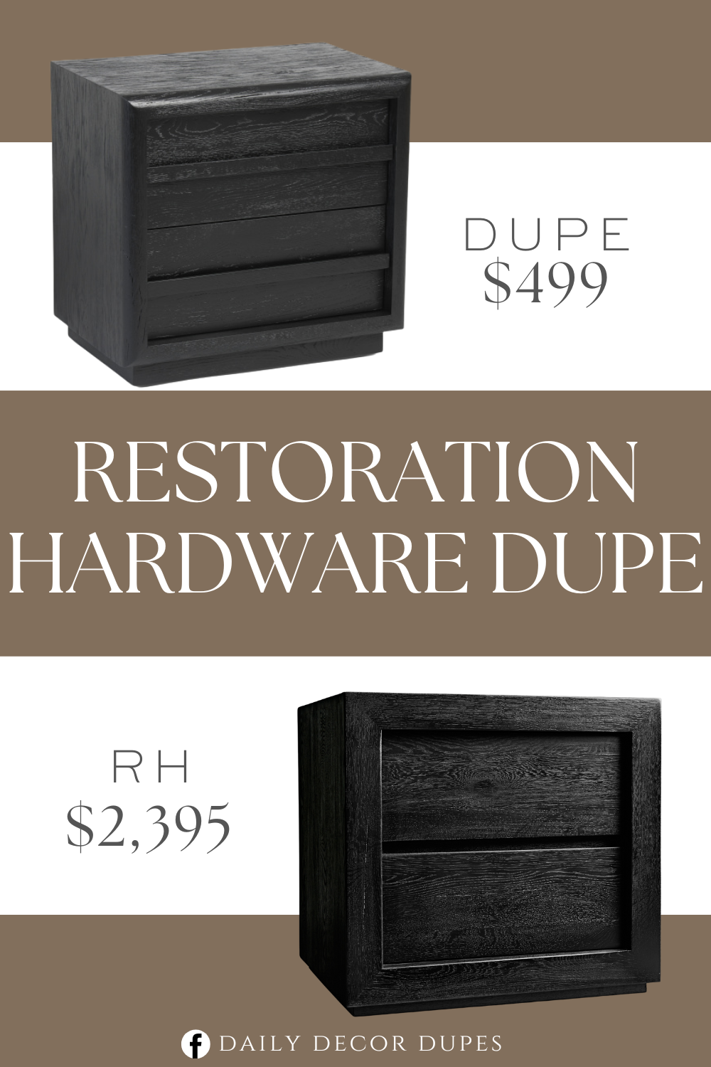 Restoration Hardware Reclaimed Oak Closed Nightstand Dupe. Textured wooden drawer with handles, 2 drawers for ample storage. Made from oak wood and ebony finish.