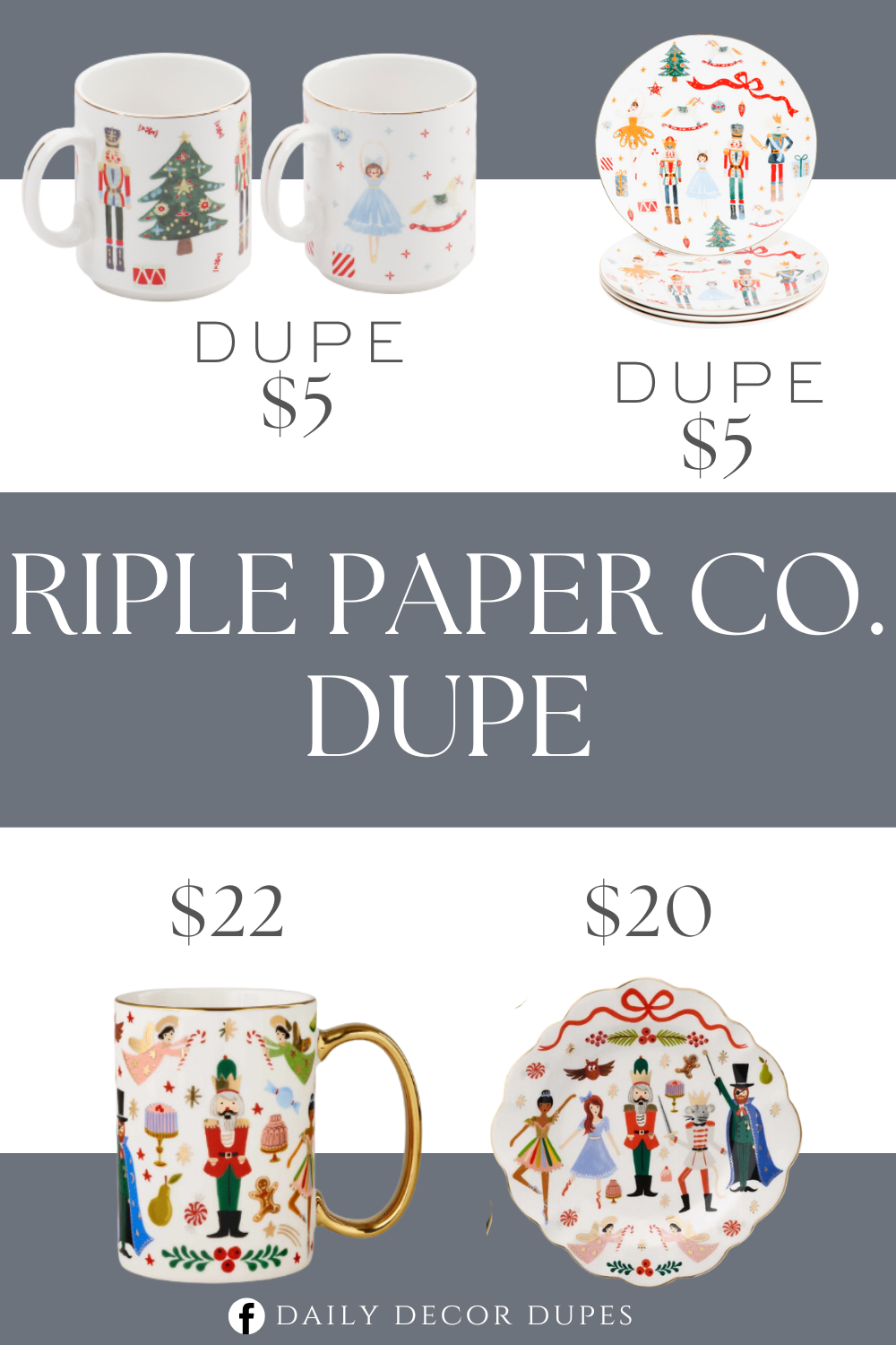 Rifle Paper Co Holiday Porcelain Mugs & Plates Dupe. Holiday themed, side handles. 13oz Christmas Cheers Mugs. Porcelain Christmas Cheers Salad Plates.