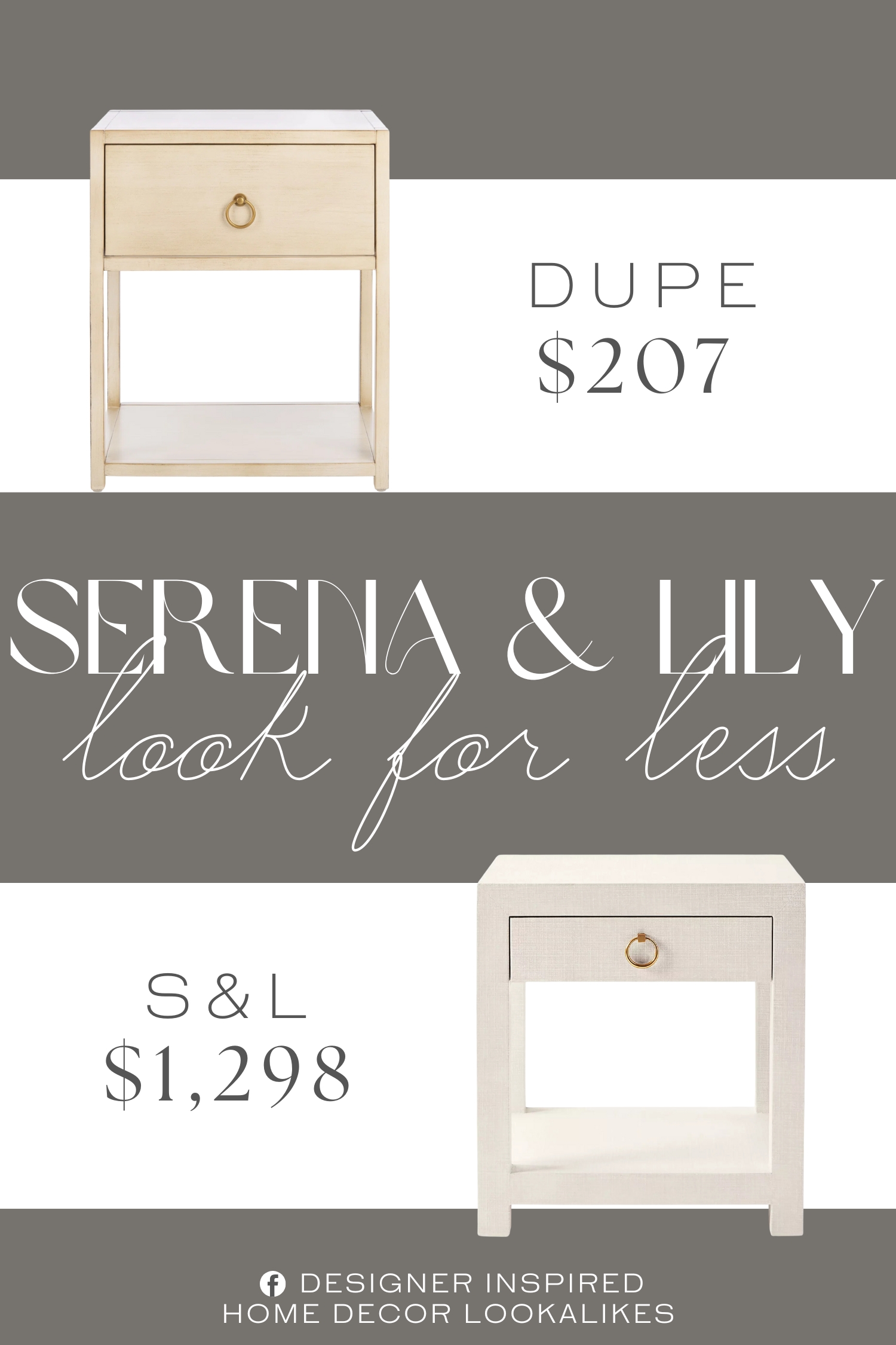 Serena & Lily Driftway 1-Drawer Nightstand Dupe. The drawer features a polished gold pull, adding a touch of elegance while creating a refined focal point. The bottom shelf provides additional open storage, ideal for books, magazines, or decorative accents, combining functionality with sophisticated style.