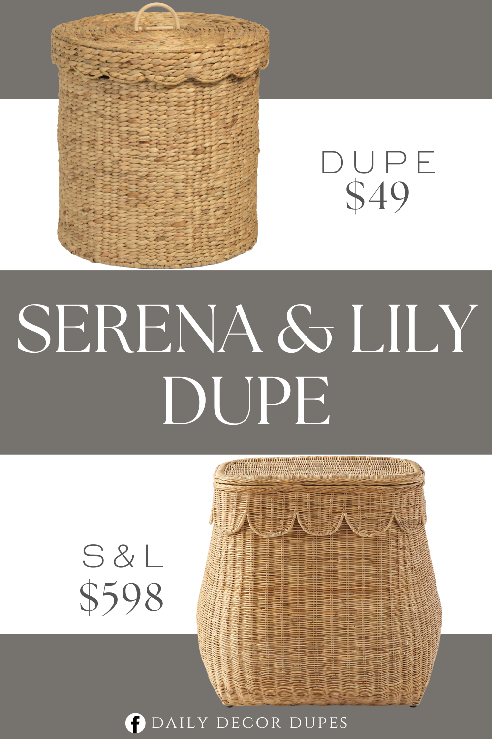 Serena & Lily Scallop Rattan Double Hamper Dupe. Lidded, cut out carry handles, woven design.