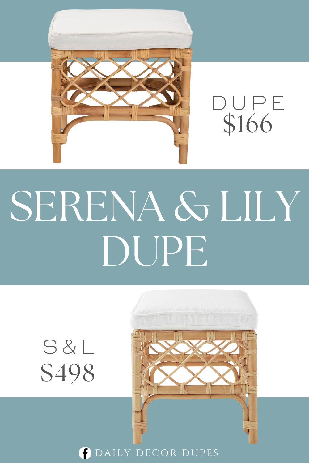 Serena & Lily Avalon Rattan Stool Dupe. Modern Bohemian ottoman. Constructed from Natural Rattan. The cushion is padded with foam and upholstered in fabric. Openwork frame. Woven embellishments.