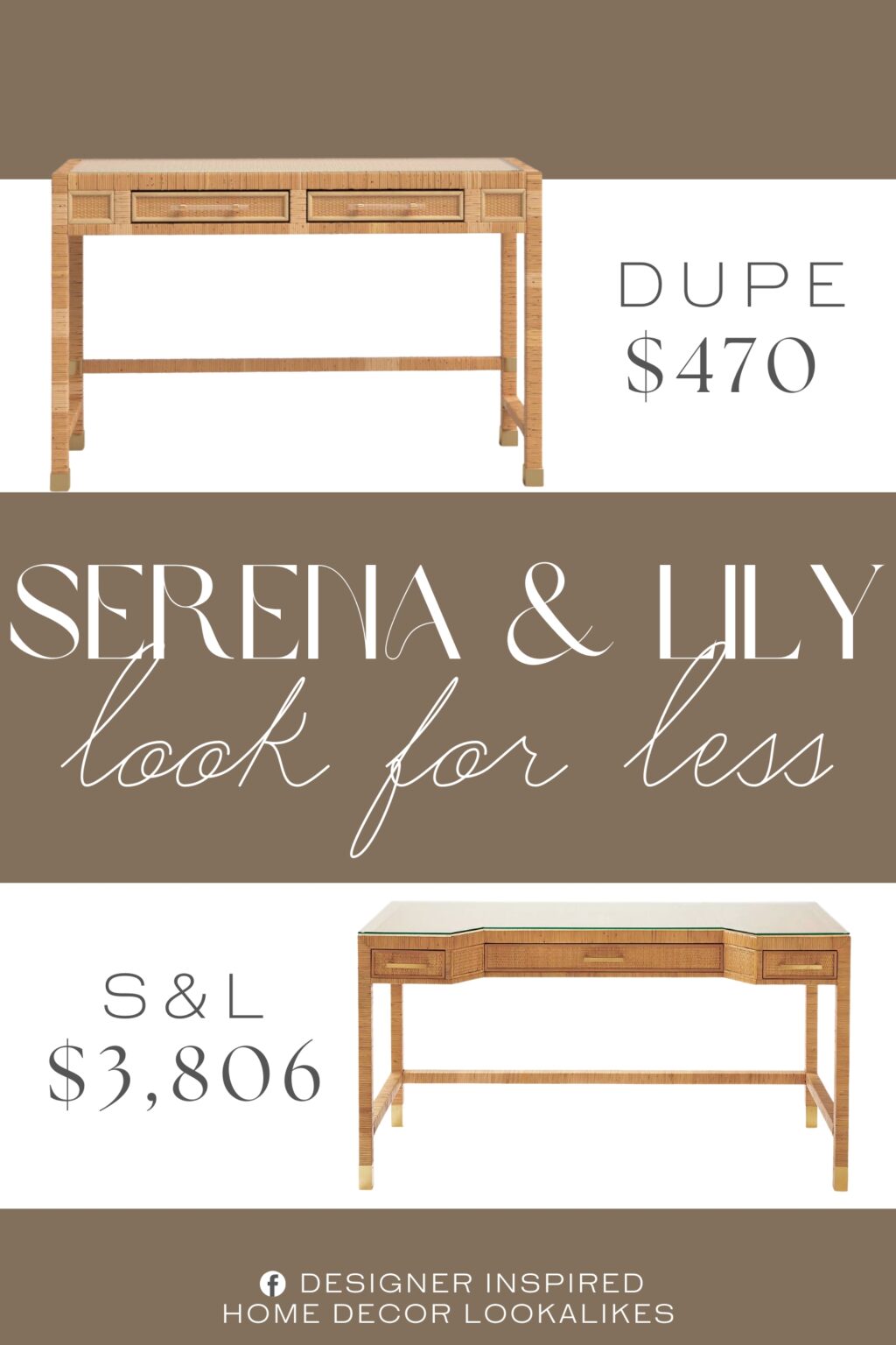 Serena & Lily Balboa Rattan Desk Dupe. The clean-lined, solid wood frame is wrapped in rattan for a coastal vibe, and the square legs rest on gold-finished feet.
