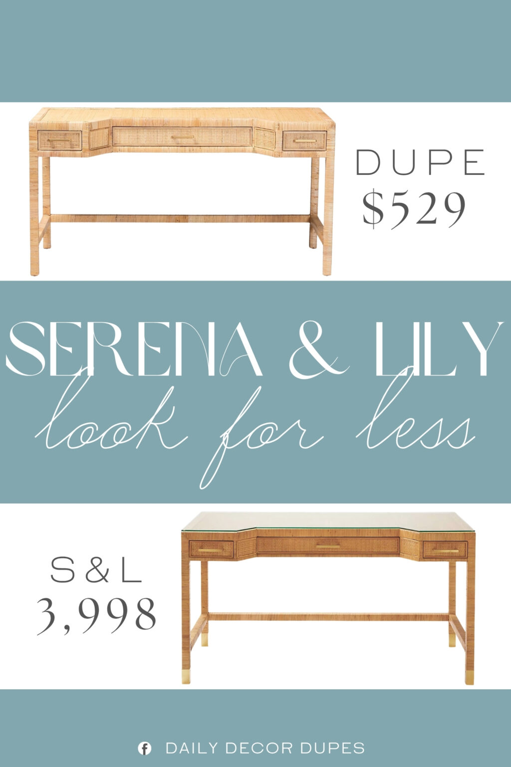 Serena & Lily Balboa Rattan Desk Dupe. Constructed from Natural Rattan, Mahogany Wood, and Engineered Wood. Elegantly arranged rattan adds boho coastal charm with a light, airy aesthetic.