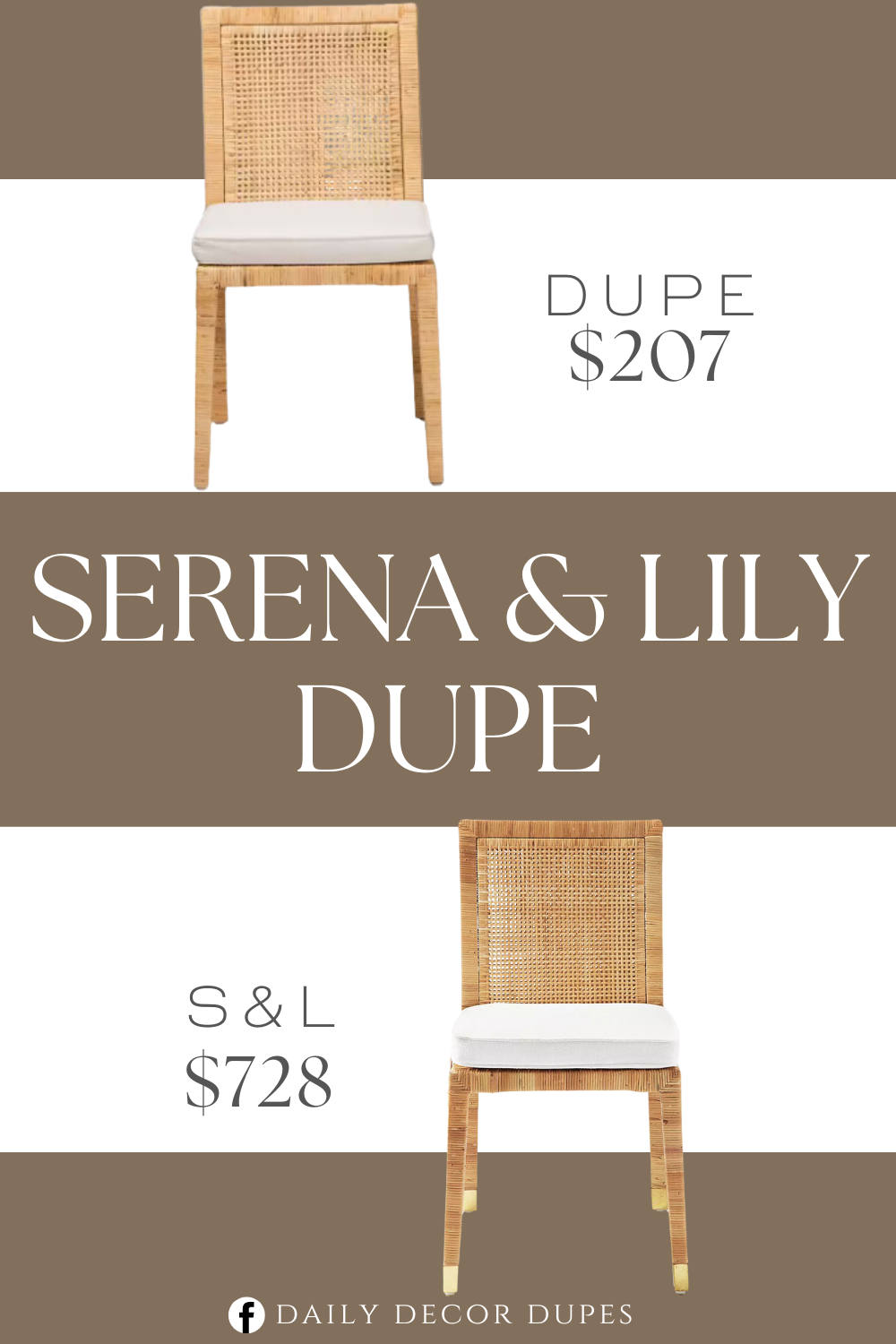 Serena & Lily Balboa Rattan Dining Chair Dupe. Modern bohemian dining chair. Handmade from mahogany wood and rattan. Natural finish. Removable cushion is padded with foam and upholstered in cotton-polyester blend fabric.