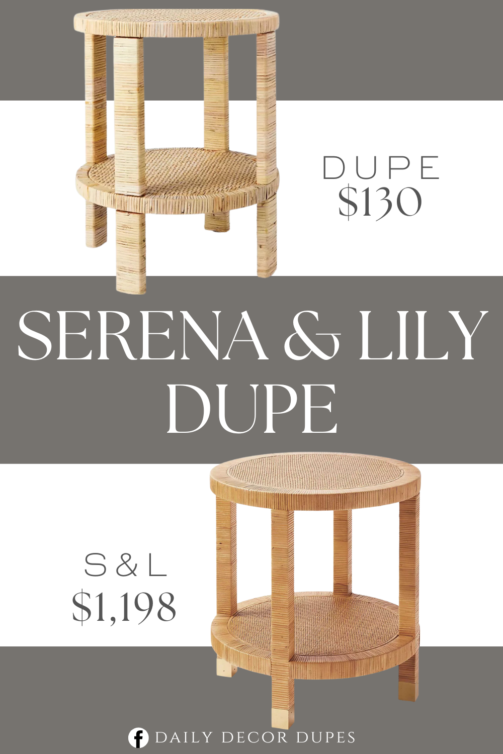 Serena & Lily Balboa Rattan Side Table Dupe. This round accent table comes in a natural woven rattan design in a light color for textural appeal, along with having a lower shelf for additional space to tuck away items and decor.