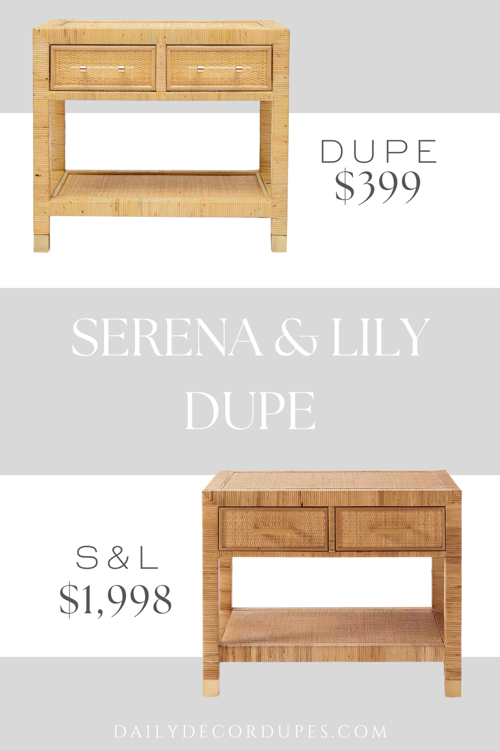 Serena & Lily Balboa Rattan Wide Nightstand Dupe. Handmade by skilled furniture craftsmen. Features two felt lined soft-closing drawers. Overall dimension 16.9"D x 25.2"W x 22.2"H.