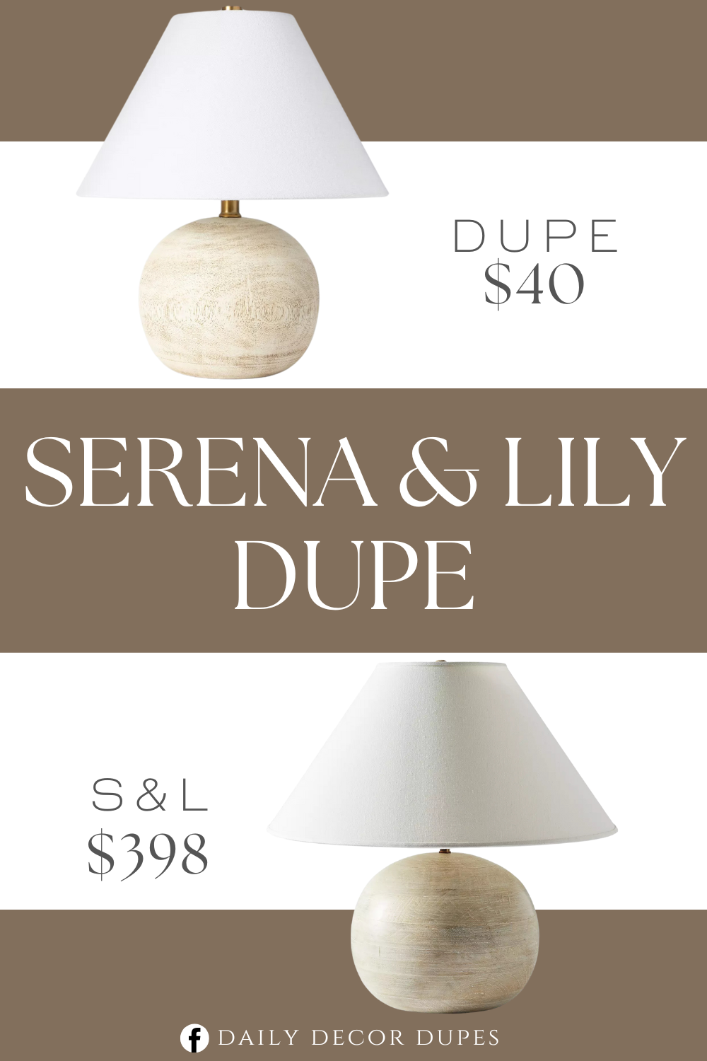 Serena & Lily Beachside Round Table Lamp Dupe. 16in table lamp with a wood-like grained globular base. White fabric shade diffuses light with a soft glow. Dimmable light with lamp-pole rotary switch lets you easily customize your light level.