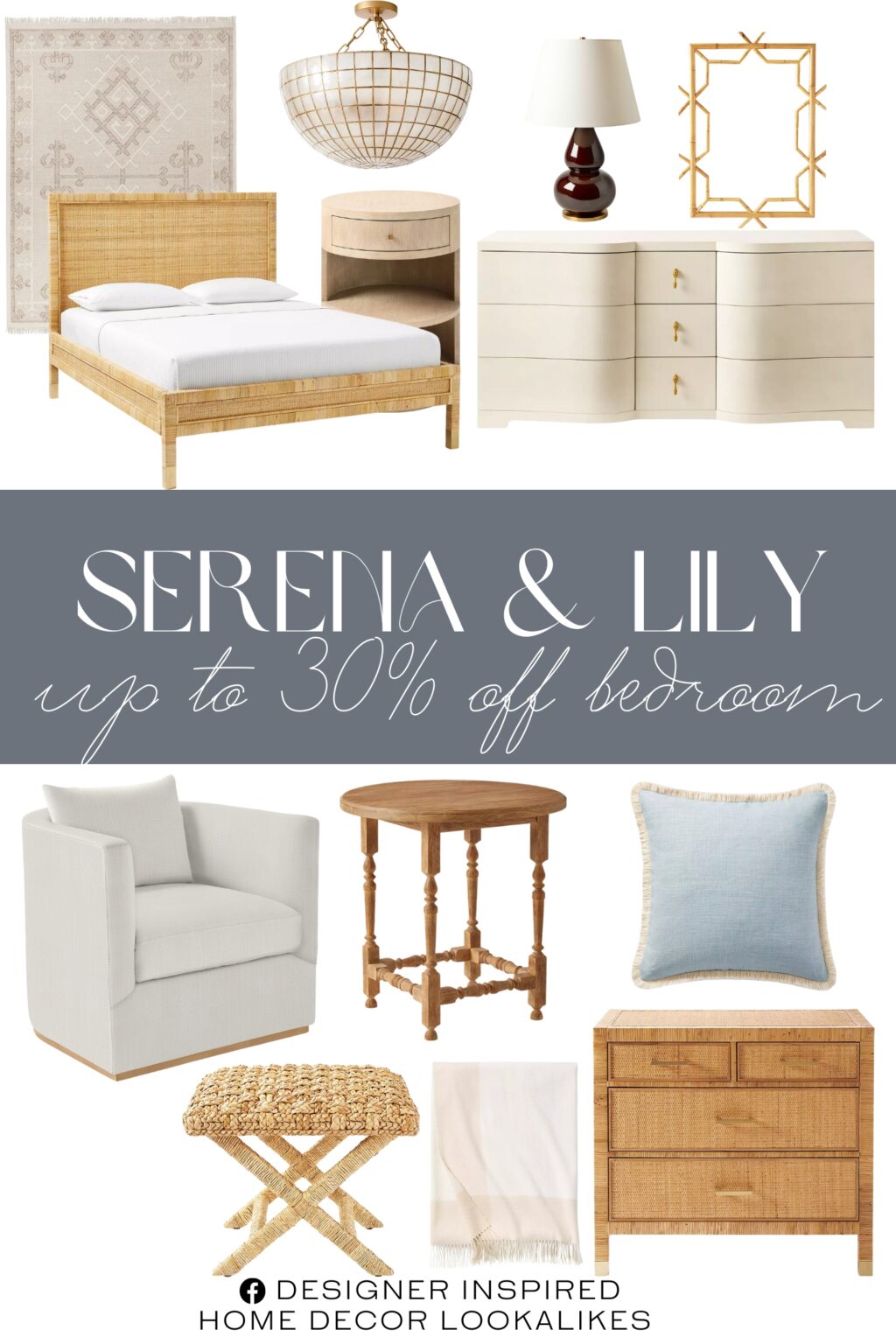 Serena & Lily Bedroom Sale. Monroe Dresser. Balboa Rattan Bed. Alamere Rug. Parkwood Swivel Chair. Costa X-Base Stool. Waldon Table Lamp. Capiz Tiled Semi Flush Mount. Lanai Rattan Mirror. Bowden Pillow Cover. Border Frame Cashmere Throw. Pinecrest Open Shelf Nightstand. Balboa Rattan Chest. Cobble Hill Side Table.