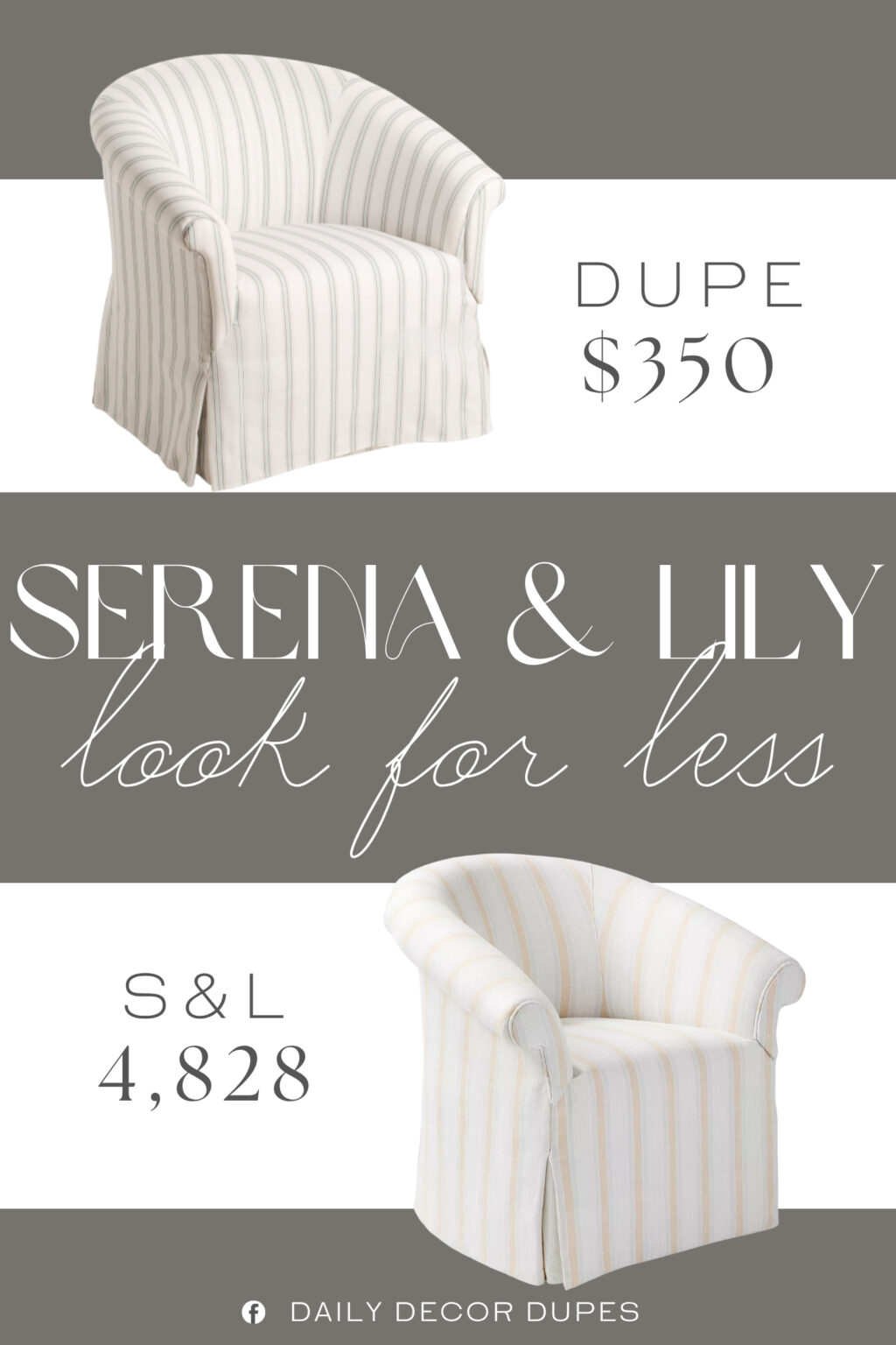 Serena & Lily Brixton Stripe Skirted Swivel Chair Dupe. curved design, skirted, cushioned back and seat, plastic feet. traditional style. striped pattern.