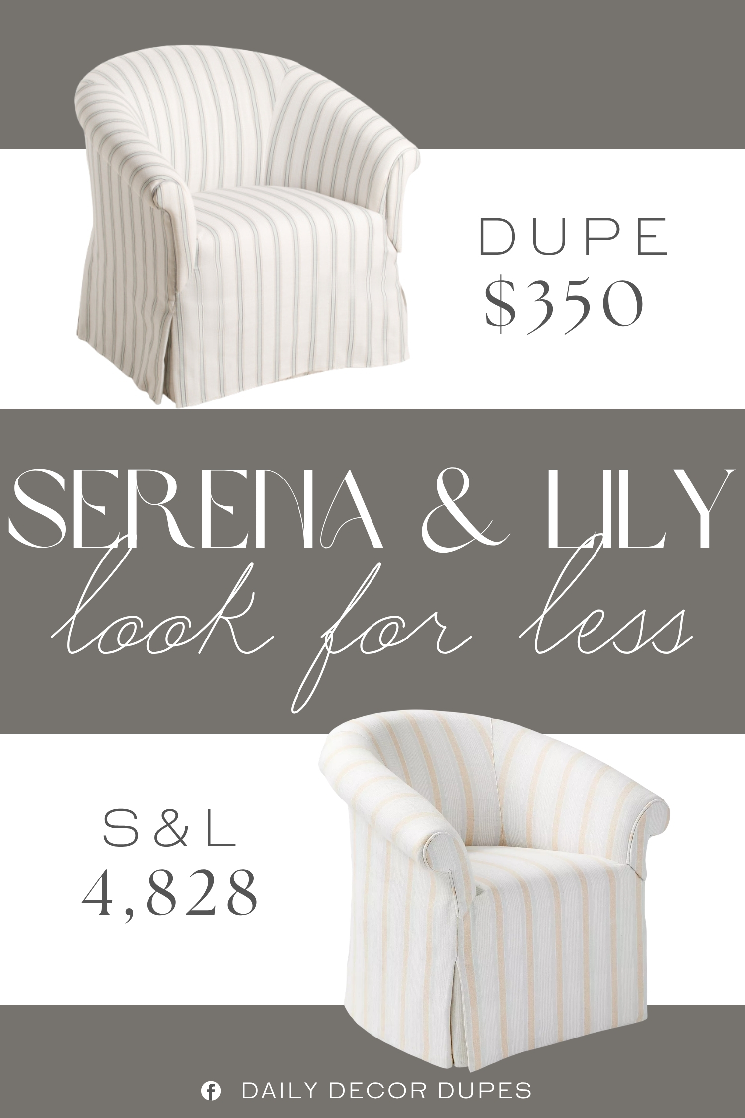 Serena & Lily Brixton Stripe Skirted Swivel Chair Dupe. curved design, skirted, cushioned back and seat, plastic feet. traditional style. striped pattern.