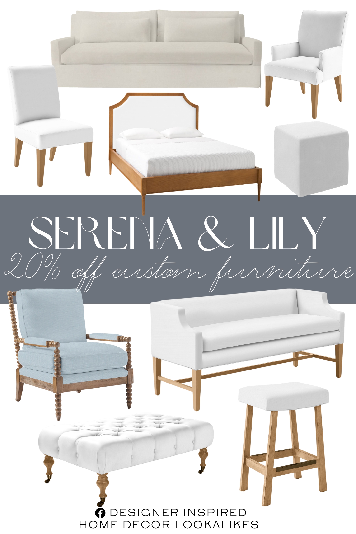 Serena & Lily Custom Furniture Sale. Aster Sofa. Beckett Chair. Lagos Bed. Ross Side Chair. Ross Backless Counter Stool. Harrison Swivel Cube. Essex Ottoman. Grady Notch Arm Bench.