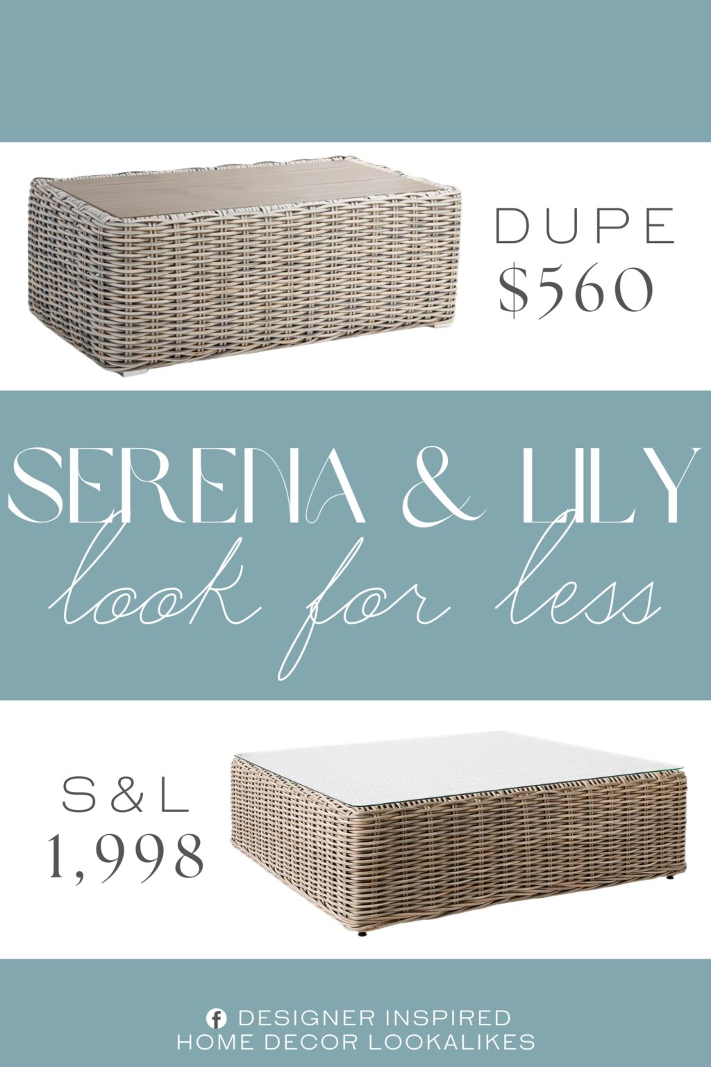 Serena & Lily Del Mar Coffee Table Dupe. it features a solid aluminum build and resin wicker to ensure long-lasting comfort.