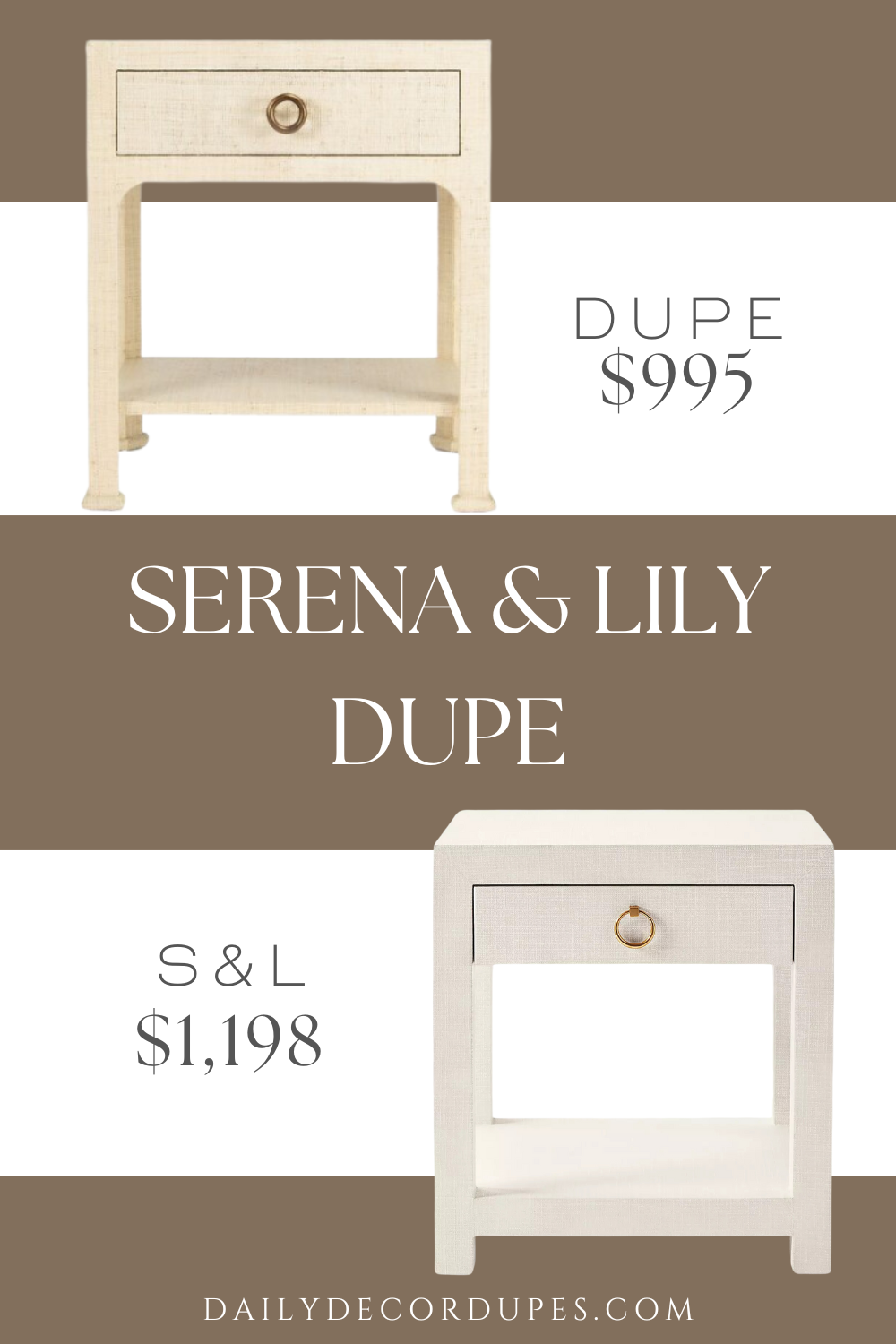 Serena & Lily Driftway 1-Drawer Nightstand Dupe. This nightstand features a beautiful woven raffia finish, giving it a chic, textured look. It includes a sliding drawer, a generous 16-inch deep surface, and an open lower shelf for ample bedside storage. The design is elegantly completed with a single brass drawer pull, adding a touch of sophistication.