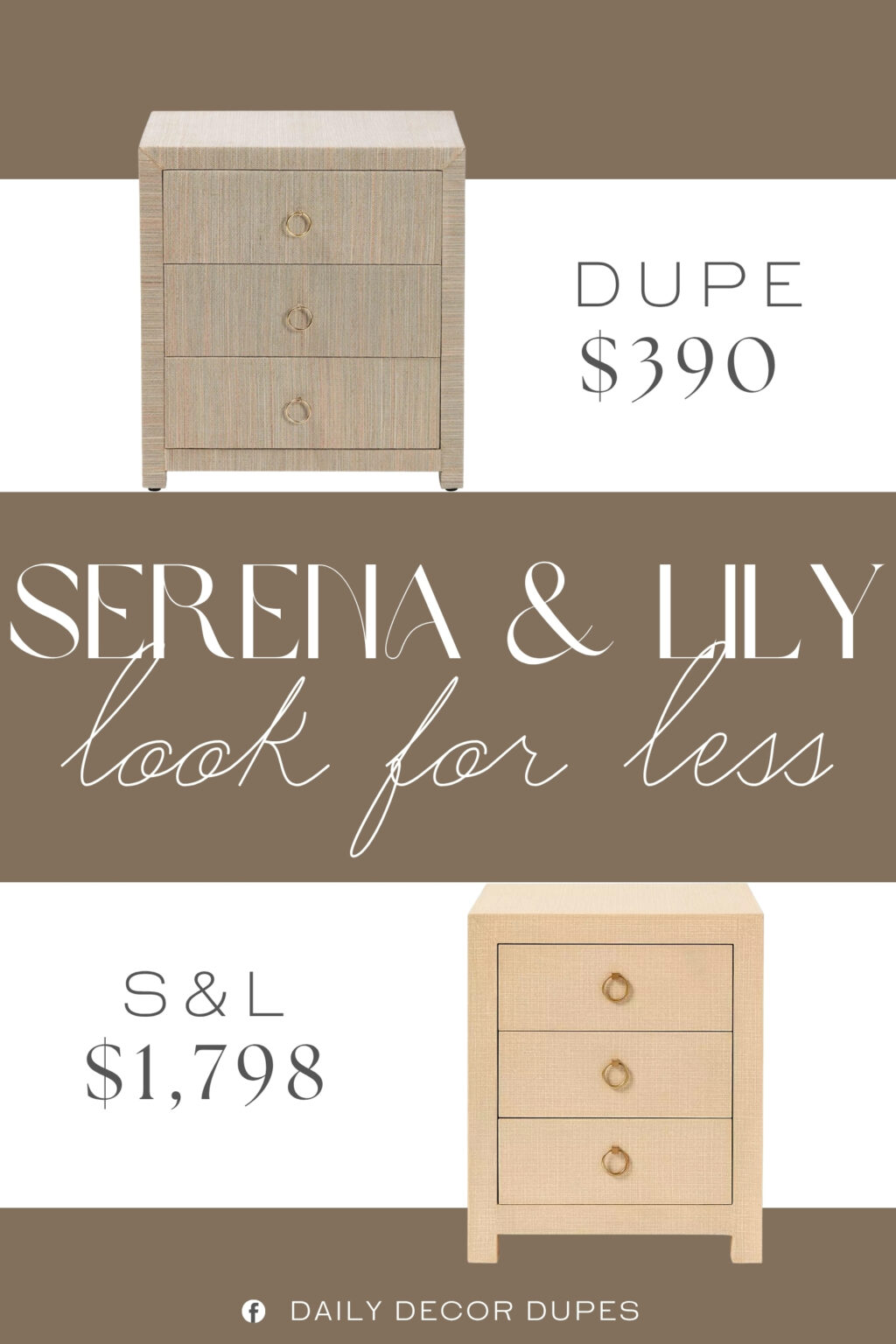 Serena & Lily Driftway 3-Drawer Nightstand Dupe. Meticulously handcrafted by skilled Indonesian artisans, this bohemian piece consists of a sturdy wood frame beautifully embellished with woven natural grasscloth. Three drawers offer easy storage for all your nighttime essentials while reserving the tabletop for daily use.