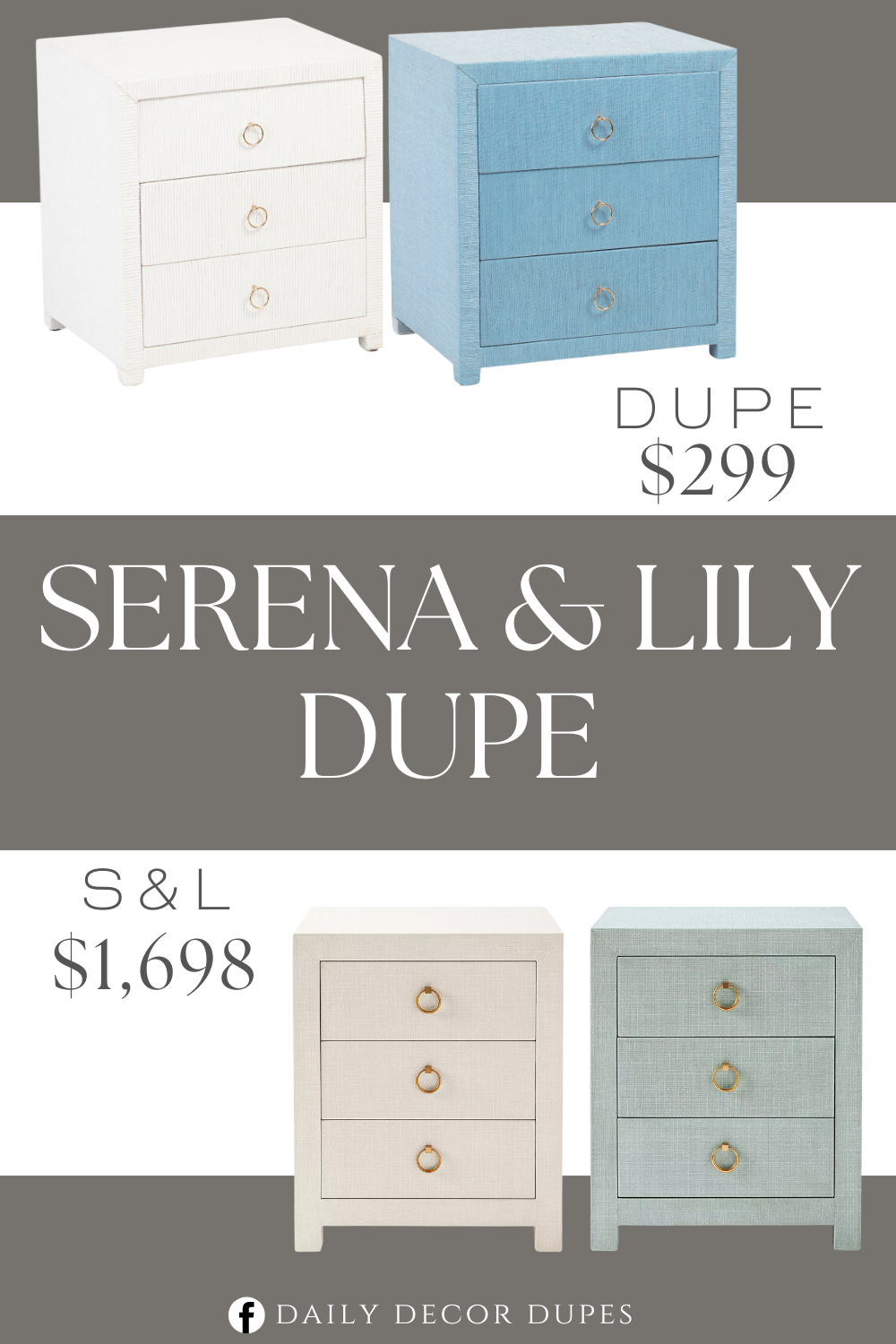 Serena & Lily Driftway 3-Drawer Nightstand Dupe. Three drawers for ample storage. Ribbed design and ring details side table. Gold tone hardware. Product dimension 22in W x 24in H x 18in L.