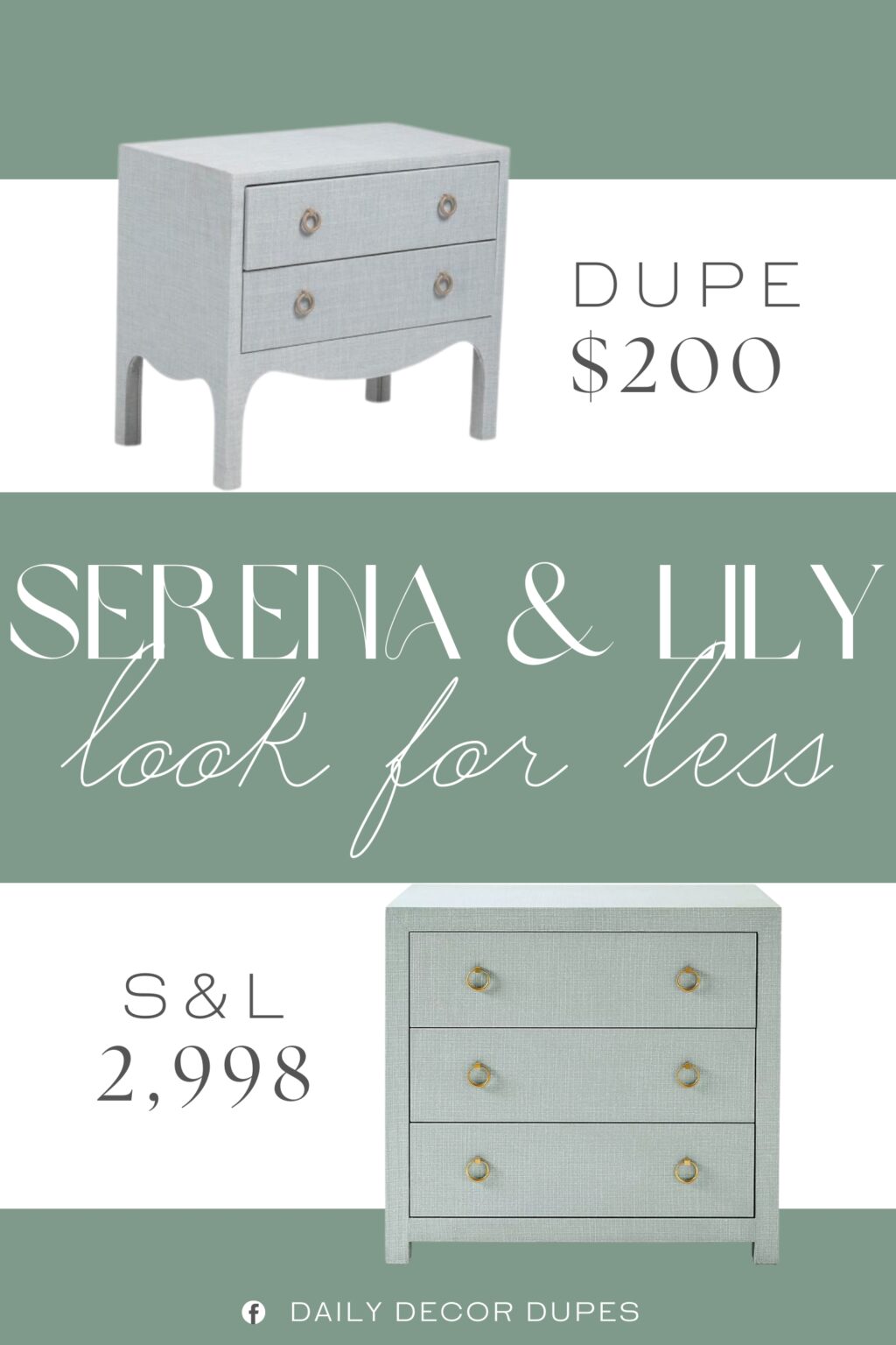 Serena & Lily Driftway Chest Dupe. 2 drawers for ample storage, decorative handles. linen.