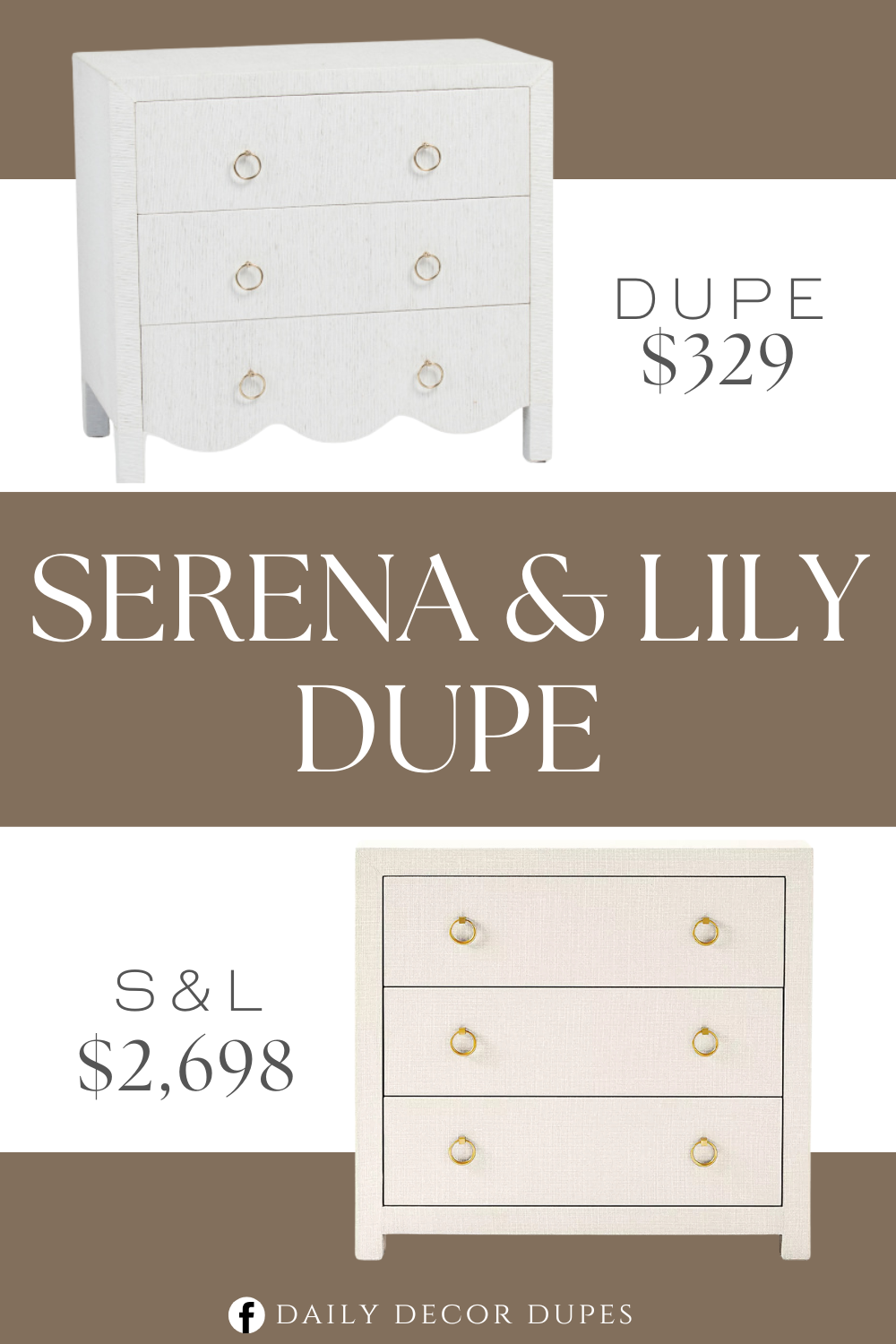 Serena & Lily Driftway Chest Dupe. 3 drawers, scalloped edges, ring details.