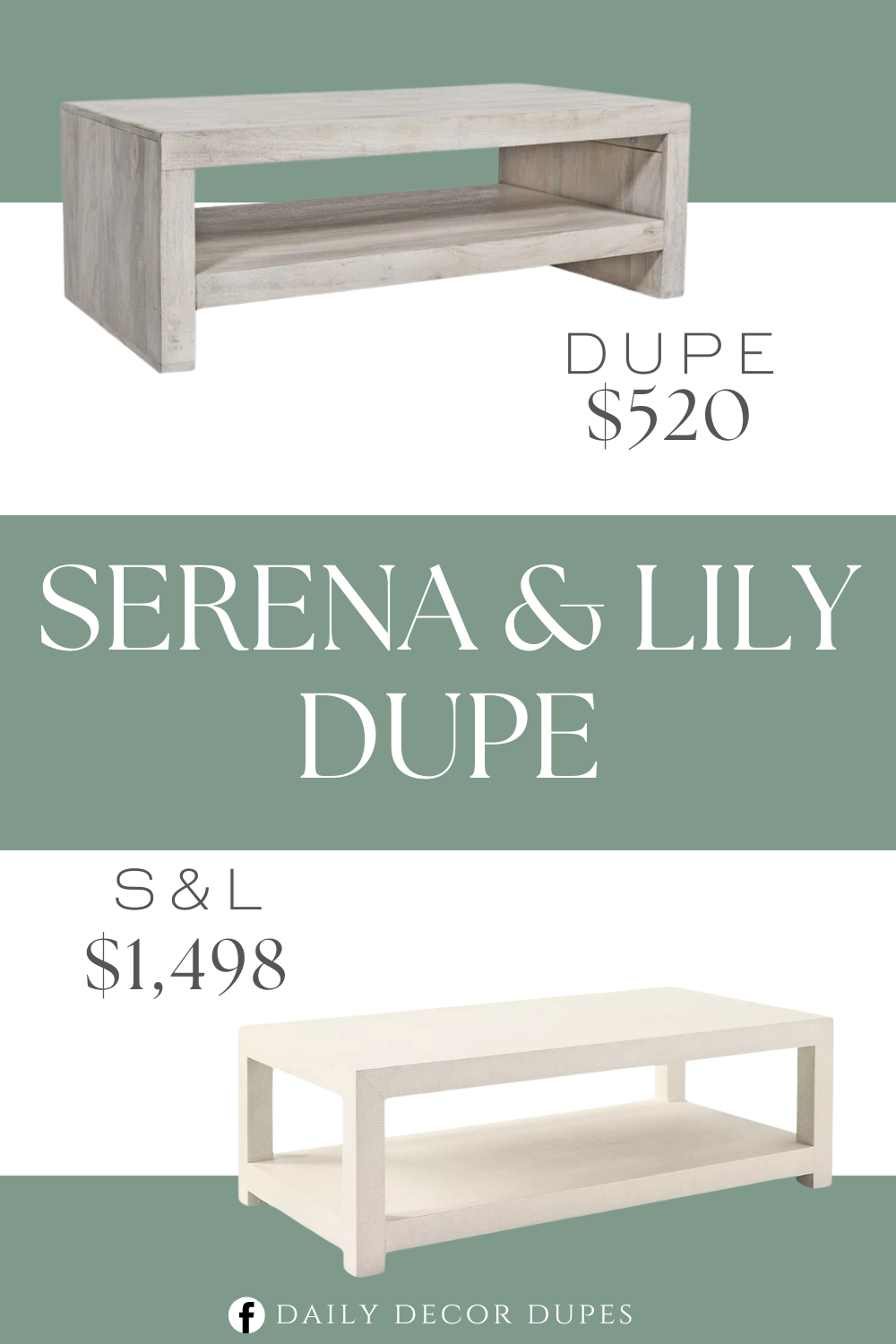 Serena & Lily Driftway Coffee Table Dupe. Crafted from solid mango wood. Minimalistic design and white sand finish. Rectangular table top shape. Overall dimension 16'' H X 45'' L X 24'' W.