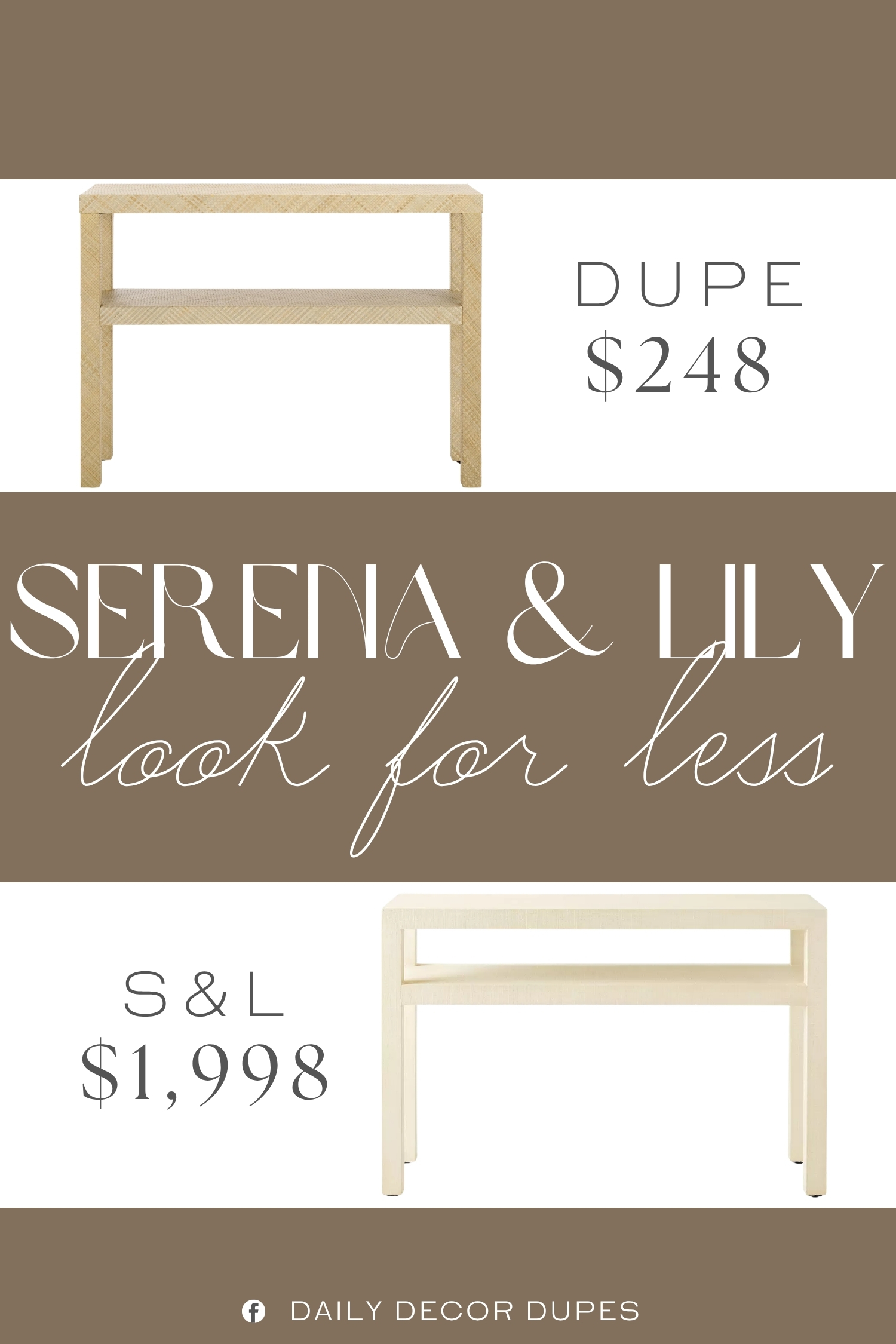 Serena & Lily Driftway Console Dupe. Two (2) tiers provide convenient storage space and its surface is perfect for lighting, greenery, picture frames, art, electronics, books, or any other decorative accessories