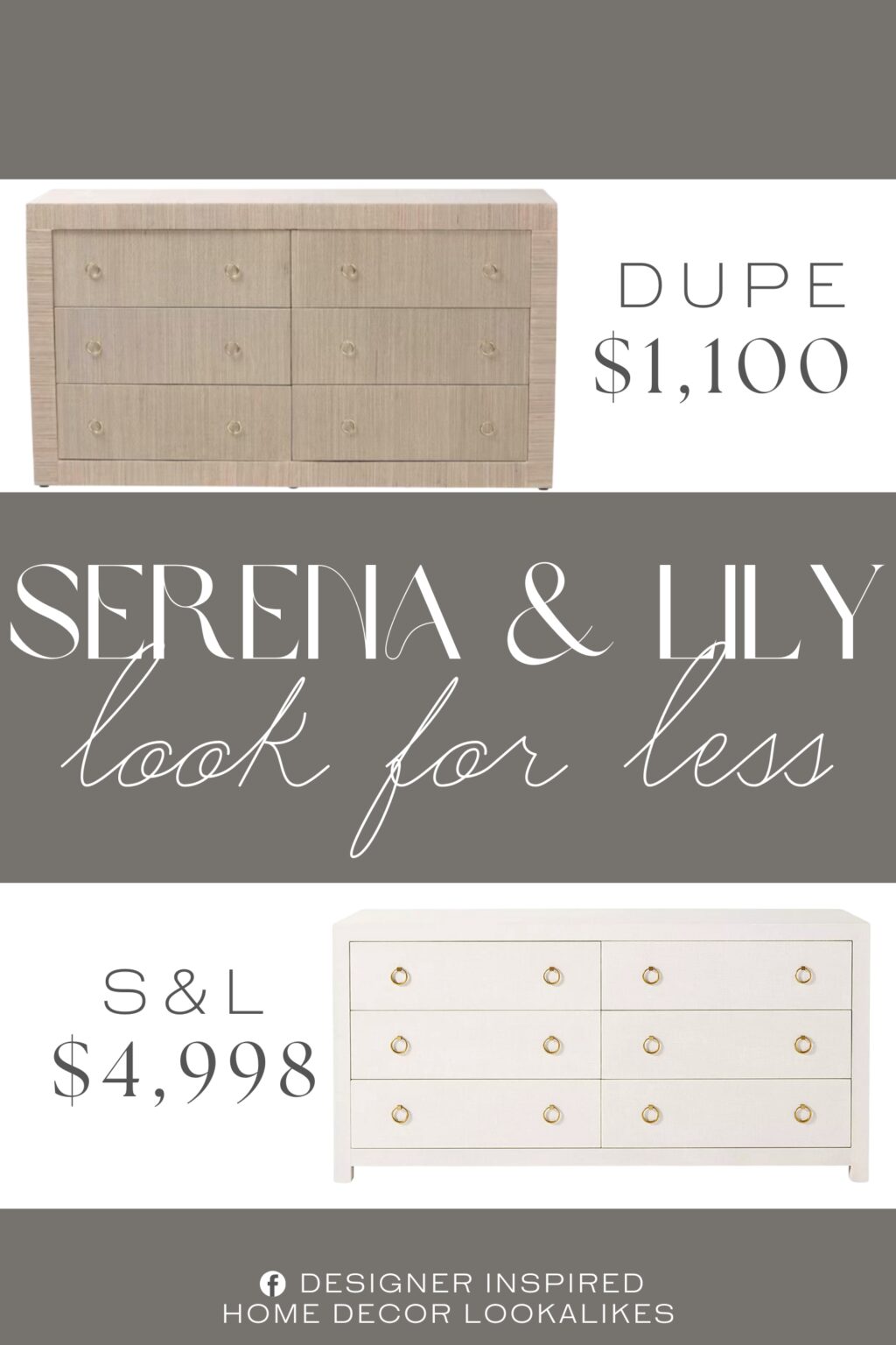 Serena & Lily Driftway Dresser Dupe. Constructed from Grasscloth and Engineered Wood. Six drawers offer space for clothes, linens, and other bedroom essentials.
