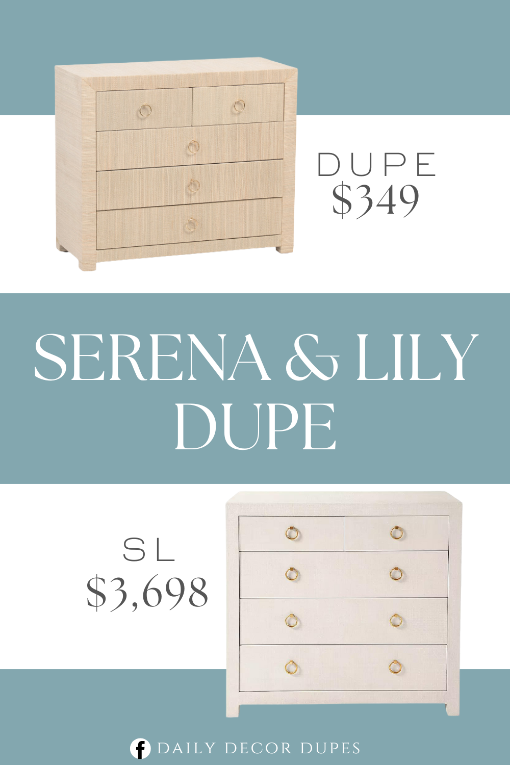 Serena & Lily Driftway Dresser Dupe. 5 drawers for ample storage. Textured & ring details. 32in W x 13in L X 27in H.