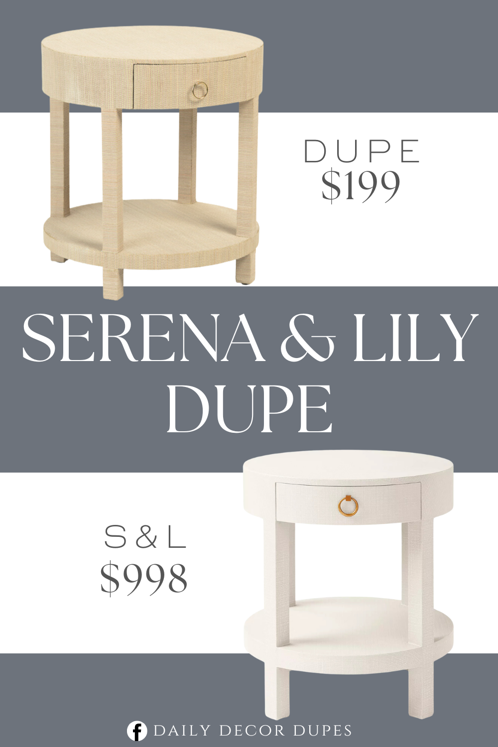 Serena & Lily Driftway Side Table Dupe. 1 drawer for ample storage. Overall dimension 22in D x 24in H. Round nightstand.