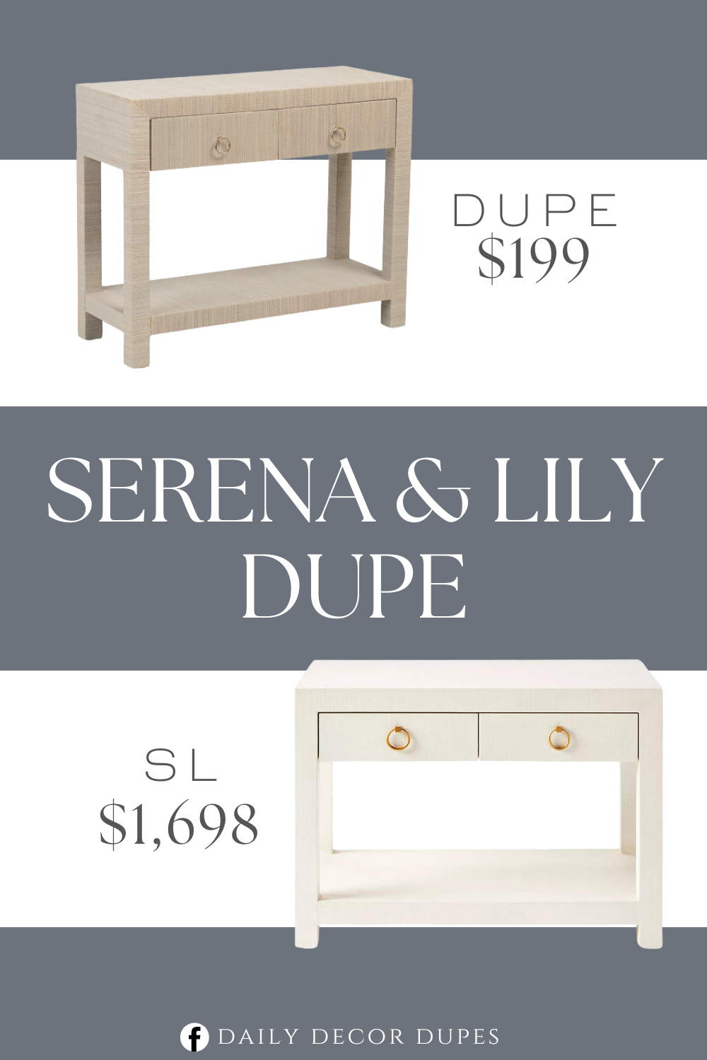 Serena & Lily Driftway Wide Nightstand Dupe. Woven design. 2 drawers and 1 shelf for ample storage. Ring details. Gold tone hardware. 32in W x 13in H x 27in L.