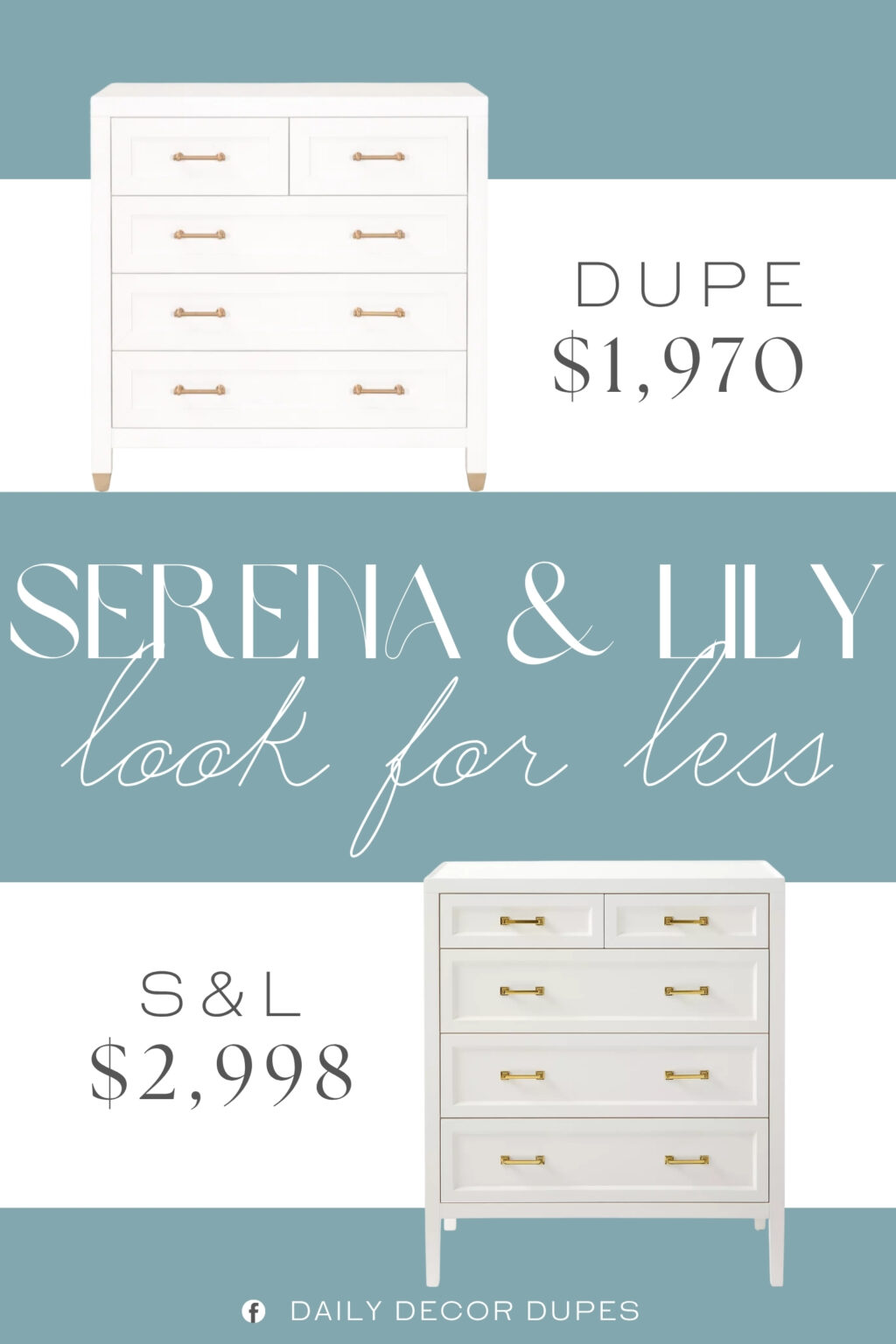 Serena & Lily Ellison Dresser Dupe. Constructed with 5 storage drawers, this matte white chest has plenty of space to store clothing and display pictures, perfume bottles or a television on top.