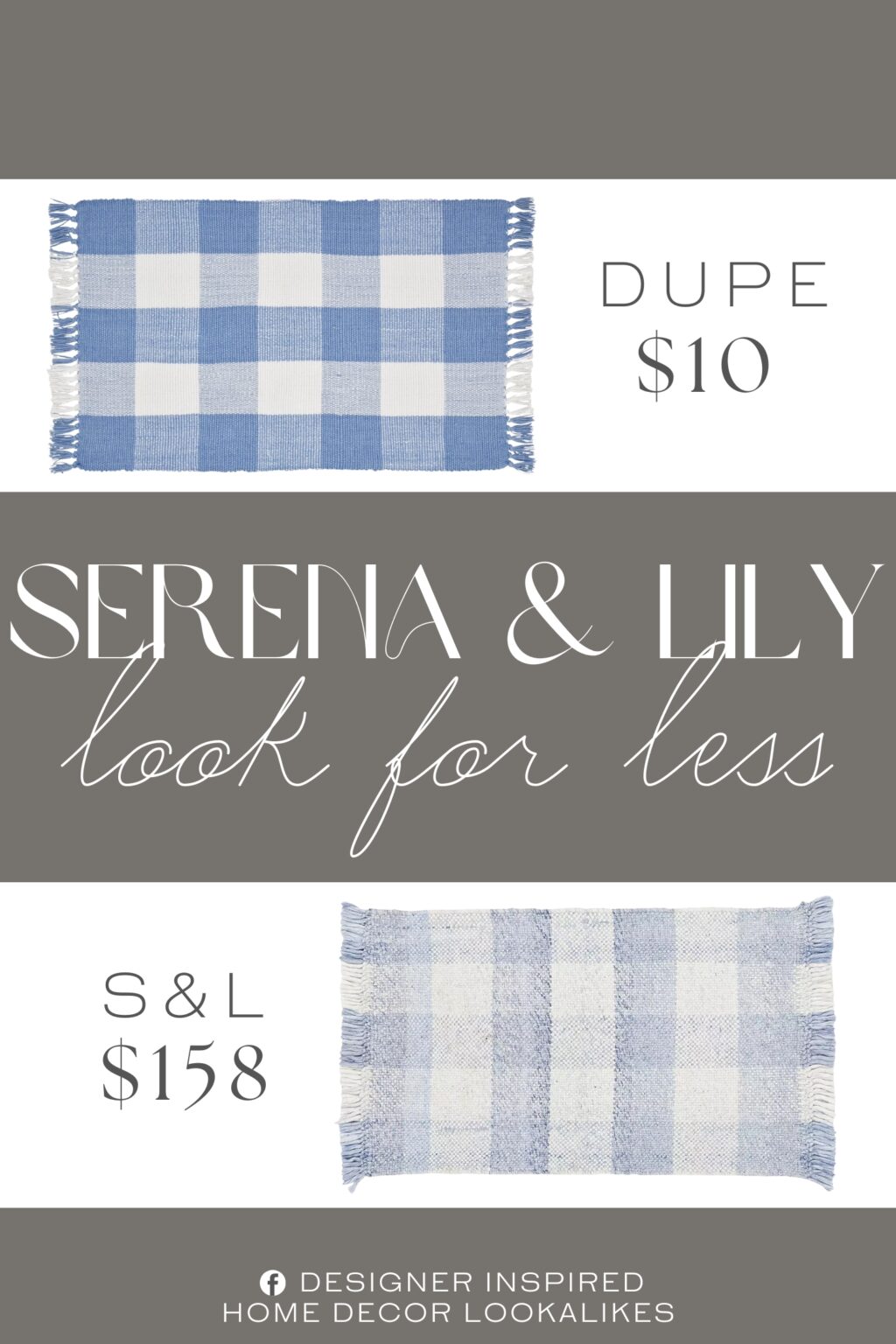 Serena & Lily Gingham Rug Dupe. Features classic blue and white gingham pattern. Fringe edges add texture and style.