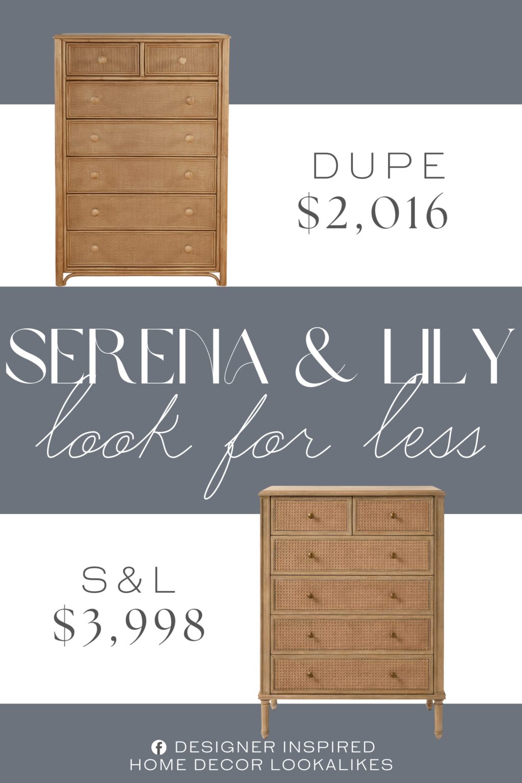 Serena & Lily Harbour Cane Dresser Dupe. Crafted from solid wood, it features seven spacious drawers that provide ample storage for your essentials, making it a versatile addition to any bedroom.