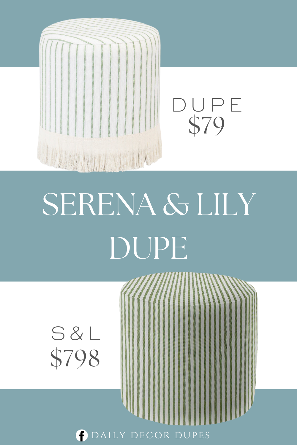 Serena & Lily Harrison Round Stool Dupe. Stripe pattern, tassel detail, wooden feet. Overall dimension. 16in D x 18in H. Filled with polyurethane foam pad.