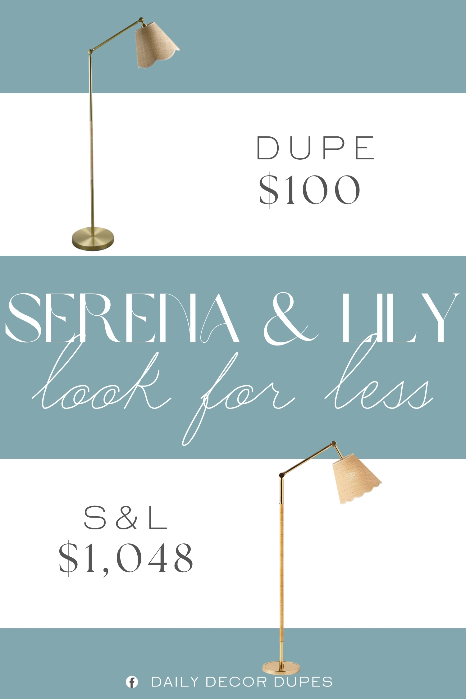 Serena & Lily Larkspur Floor Lamp Dupe. removable raffia shade, gold tone hardware, adjustable neck. push button switch, metal.