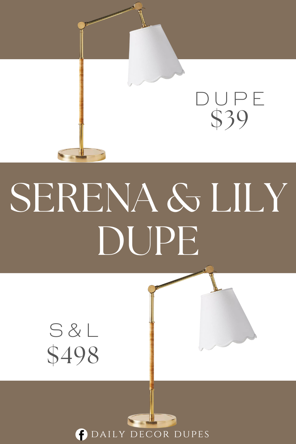 Serena & Lily Larkspur Task Table Lamp Dupe. This lamp features a stylish brushed brass finish and a beautiful white fabric scalloped shade, creating a sophisticated look that effortlessly blends with any decor.