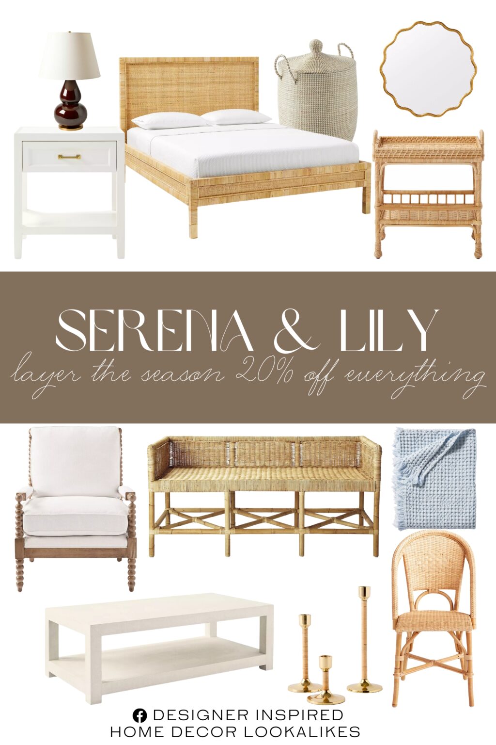 Serena & Lily Layer the Season. Ellison 1-Drawer Nightstand. La Jolla Basket. Driftway Coffee Table. Beachcomber Cotton Throw. Larkspur Taper Candle Holder. Waldon Table Lamp. Sunwashed Riviera Rattan Dining Chair. Balboa Rattan Bed. Beckett Chair. Wave Mirror. South Seas Rattan Side Table.