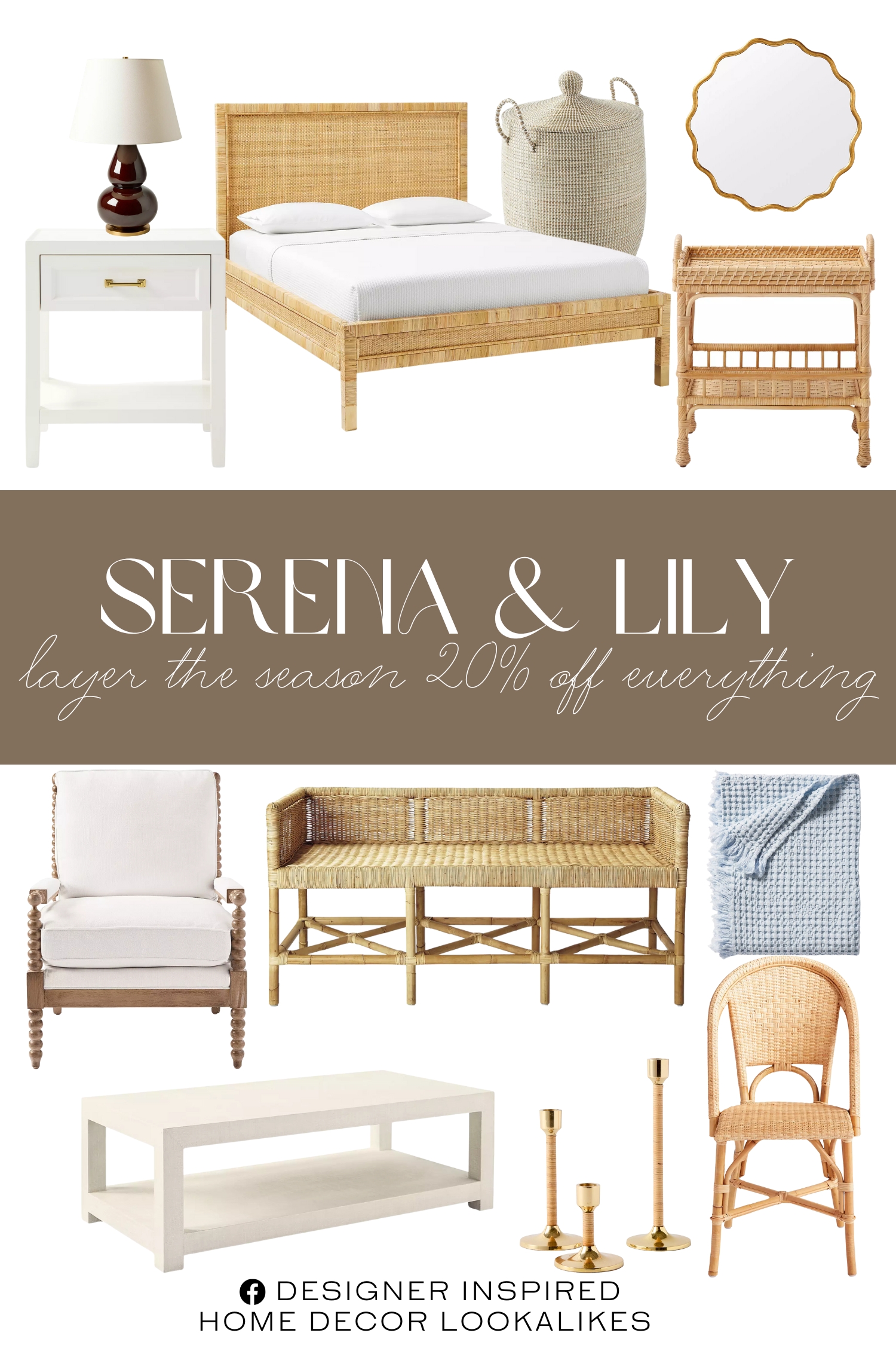 Serena & Lily Layer the Season. Ellison 1-Drawer Nightstand. La Jolla Basket. Driftway Coffee Table. Beachcomber Cotton Throw. Larkspur Taper Candle Holder. Waldon Table Lamp. Sunwashed Riviera Rattan Dining Chair. Balboa Rattan Bed. Beckett Chair. Wave Mirror. South Seas Rattan Side Table.