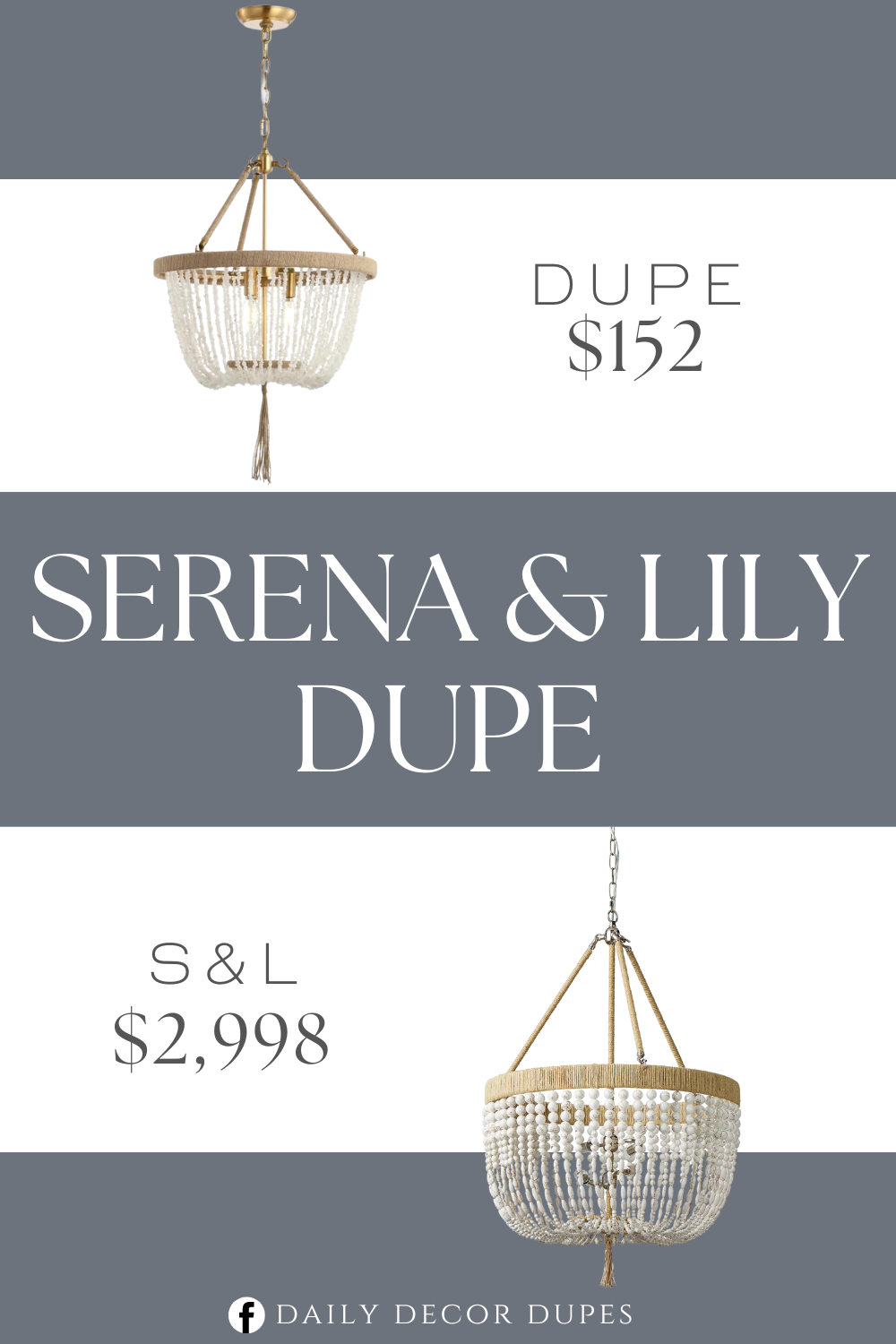 Serena & Lily Malibu Chandelier Dupe. Made from metal and rope and features a two-tone white and gold finish. A rounded canopy connects to a gold frame that showcases swooping strands of quartz beads.