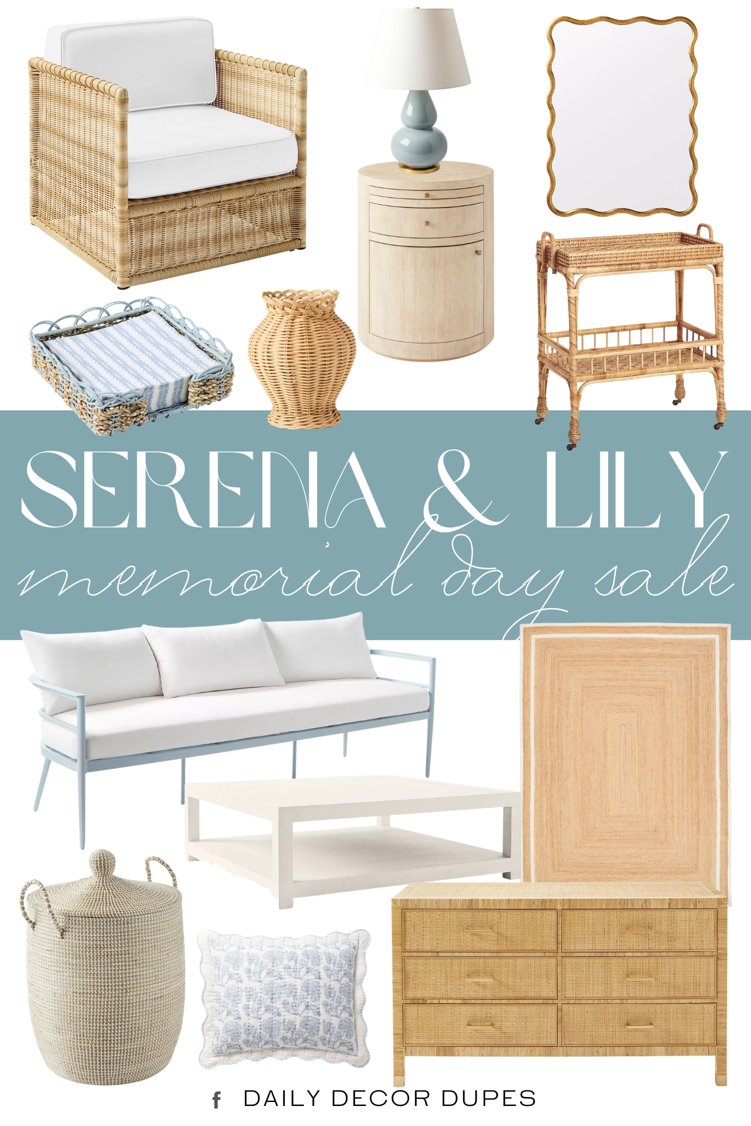 Serena & Lily Memorial Day Sale. Waldon Table Lamp. Balboa Rattan Dresser. Wave Rectangular Mirror. Palma Sofa. Pacifica Lounge Chair. Pinecrest Nightstand. South Seas Rattan Side Cart. Driftway Coffee Table. Wavery Napkin Holder. Asheville Vase. Linnea Sham. La Jolla Basket. Jute Double Border Rug.