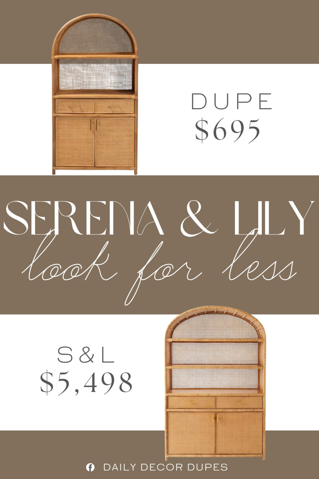 Serena & Lily Nassau Hutch Dupe. this bohemian piece is handcrafted from sustainably sourced natural rattan. Its rounded silhouette perfectly exhibits any decor arranged on the 2 open shelves while 2 drawers and 2 interior shelves offer secure storage space.