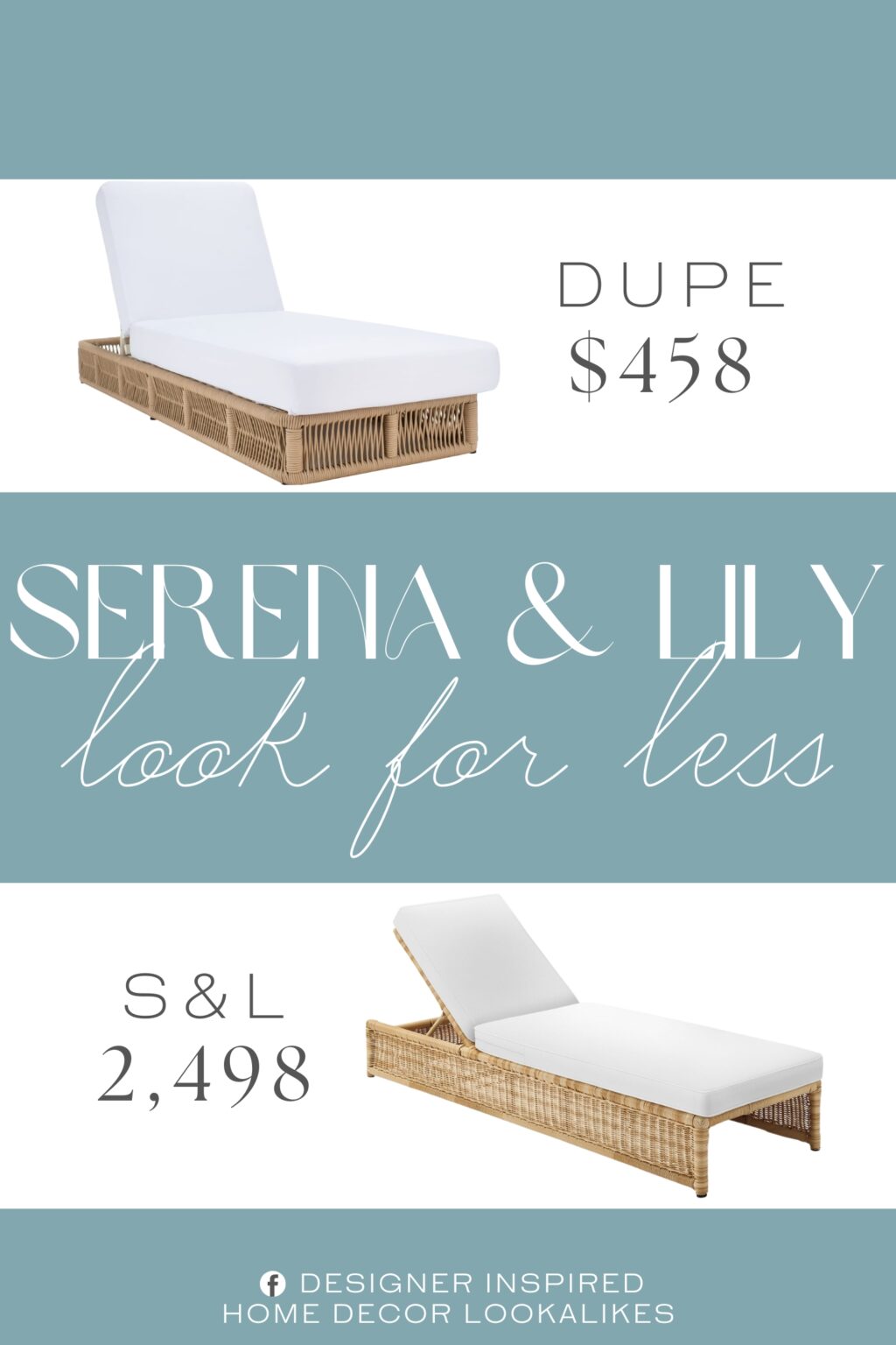 Serena & Lily Pacifica Chaise Dupe. Made from durable wicker and steel for long-lasting use. Features a tan and white color scheme with woven tan rope details.
