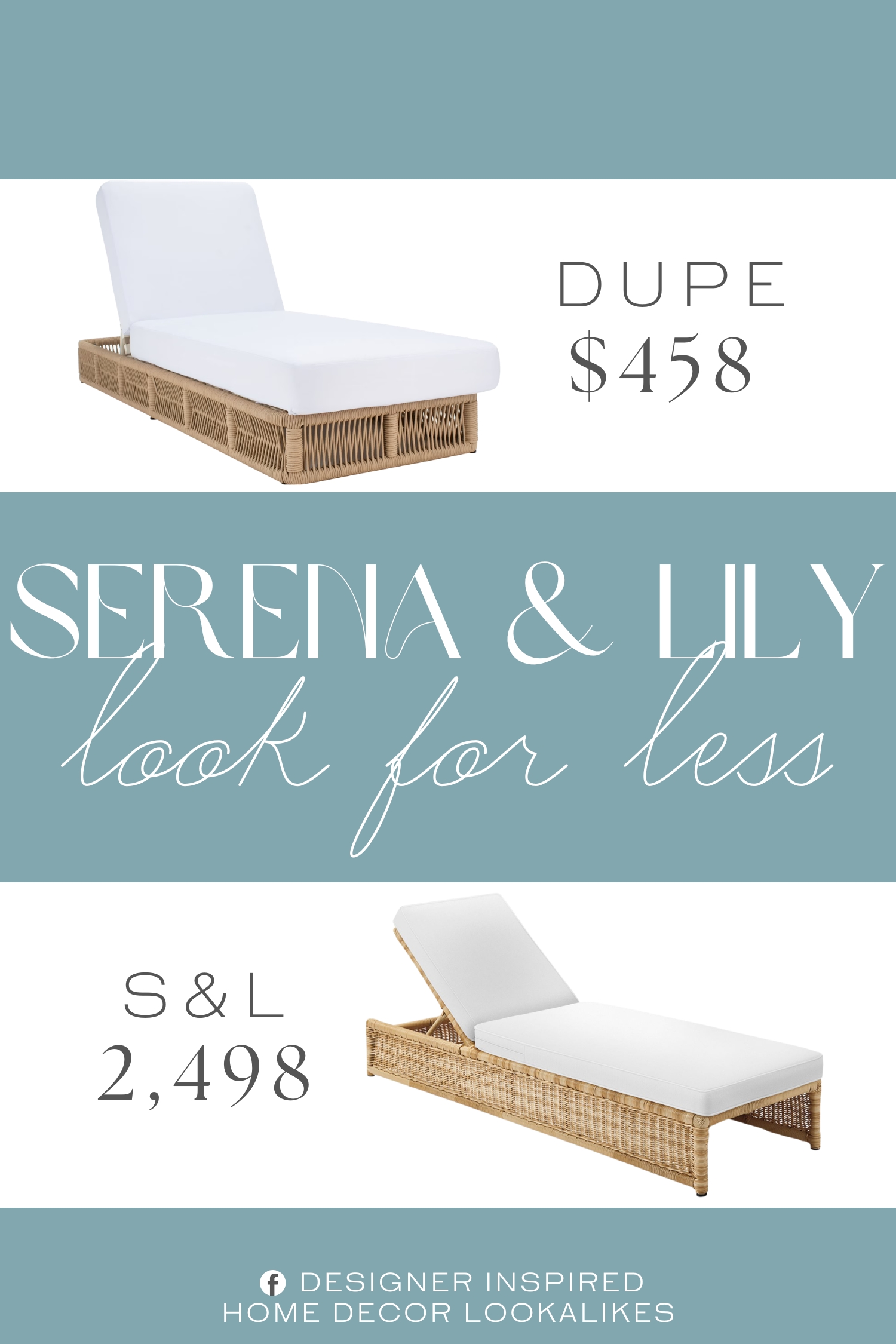 Serena & Lily Pacifica Chaise Dupe. Made from durable wicker and steel for long-lasting use. Features a tan and white color scheme with woven tan rope details.