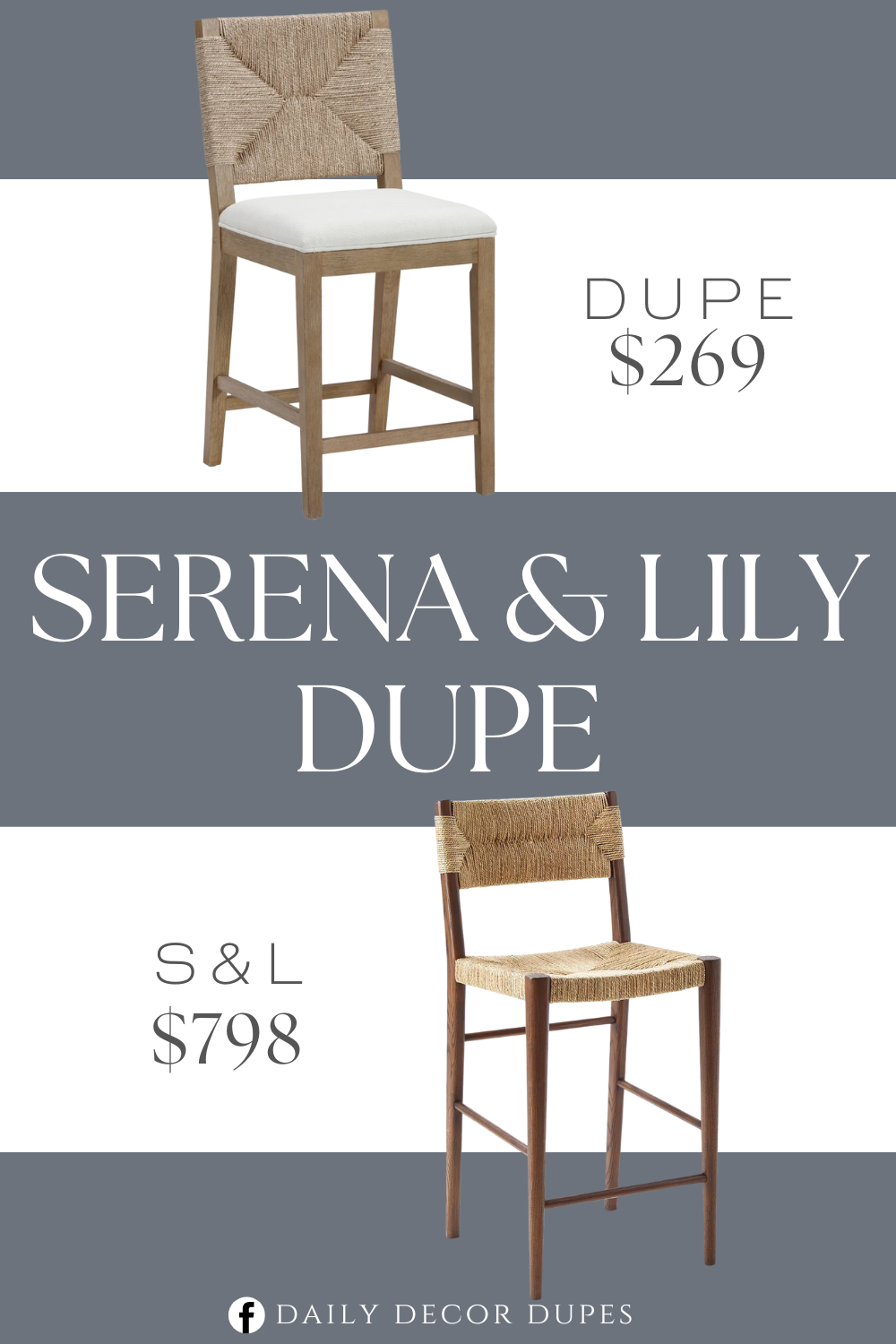 Serena & Lily Portside Counter Stool Dupe. Textured boucle fabric seat. Natural woven seagrass backrest. Solid wood frame.