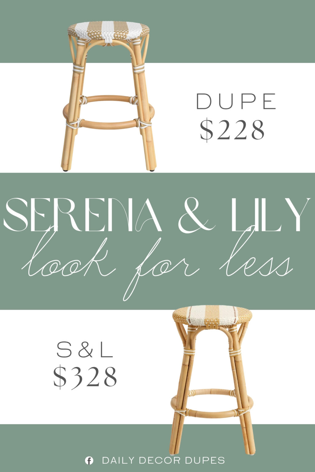 Serena & Lily Riviera Rattan Bistro Stripe Backless Counter Stool Dupe. A hand-woven polyethylene seat pairs with an intricately crafted rattan frame to deliver a textured look.