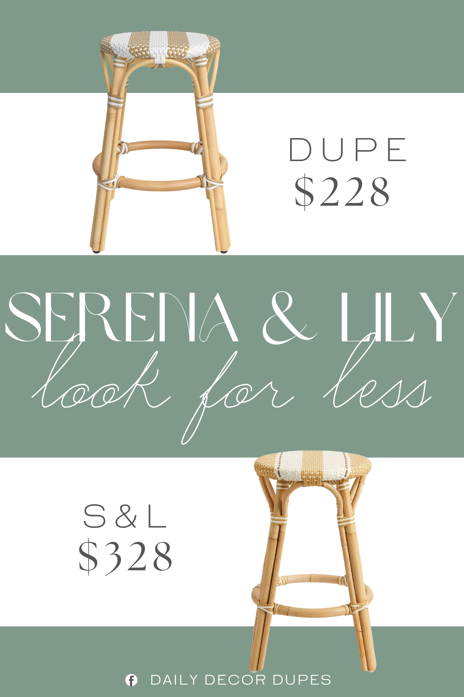 Serena & Lily Riviera Rattan Bistro Stripe Backless Counter Stool Dupe. A hand-woven polyethylene seat pairs with an intricately crafted rattan frame to deliver a textured look.
